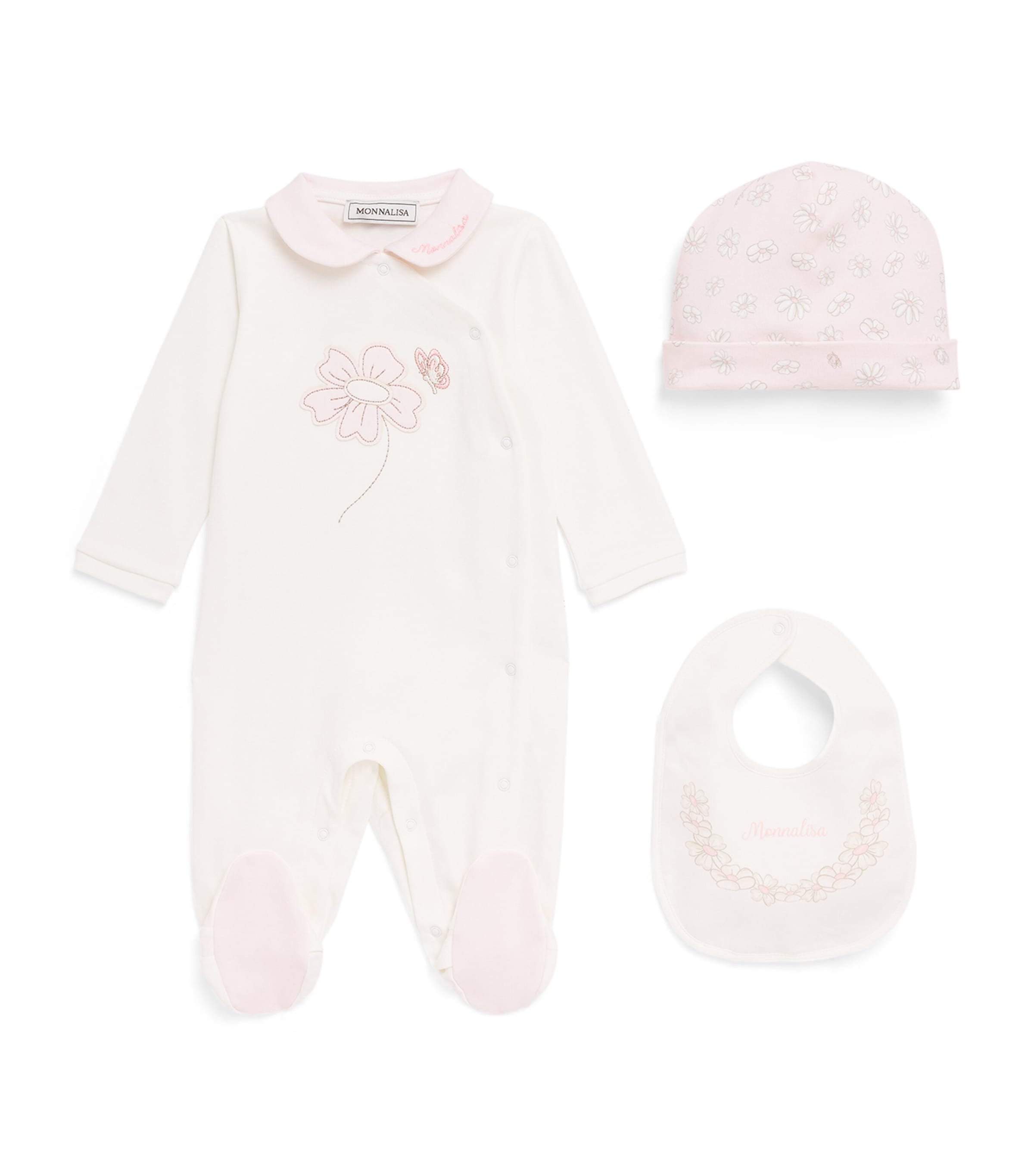 Monnalisa Floral All-In-One, Bib and Hat Set (1-9 Months) Cream+fairytale