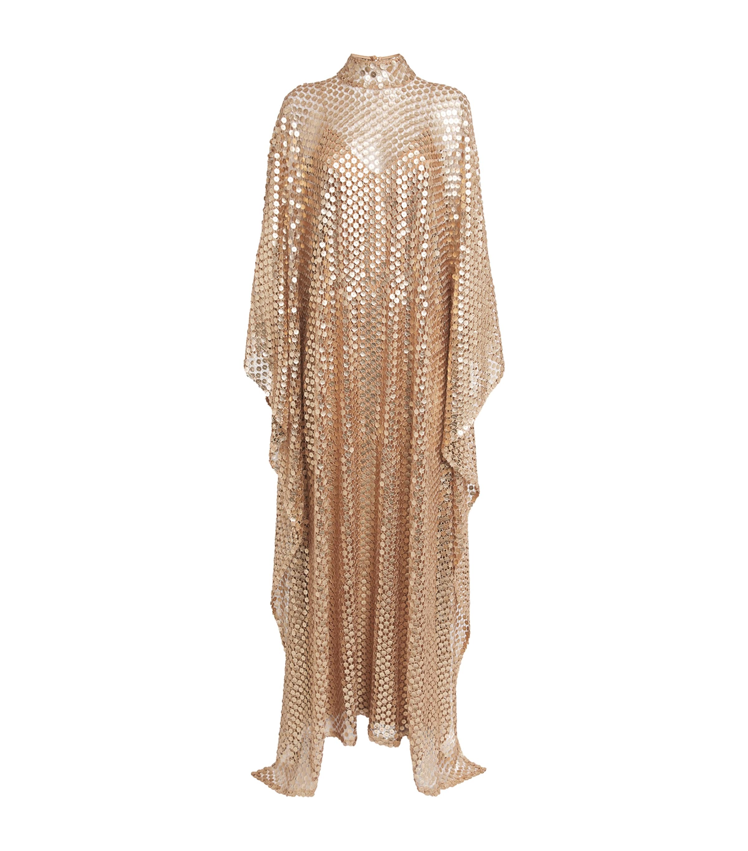 Taller Marmo Womens Sequinned Deserto Maxi Kaftan Dress Brass