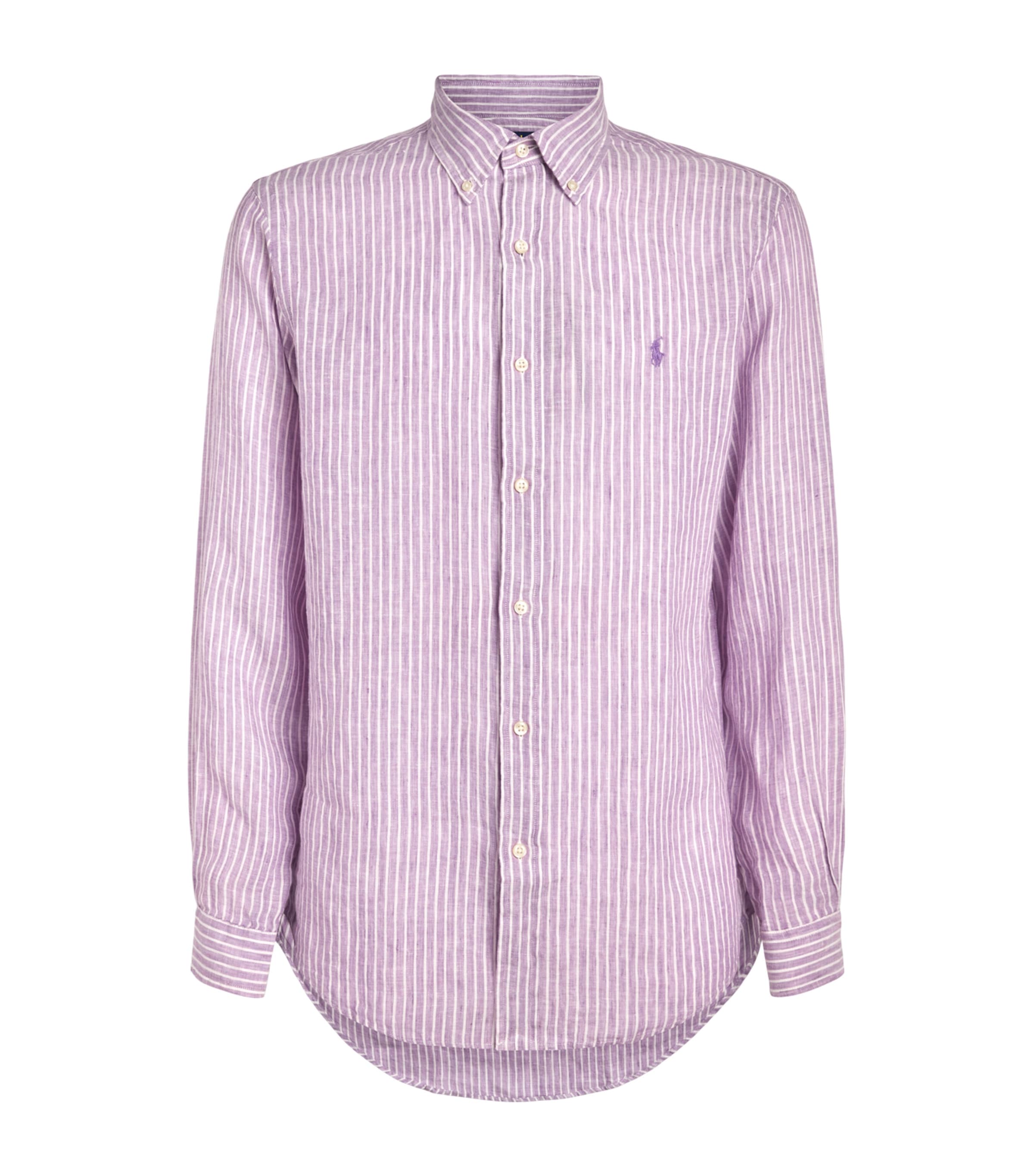 Polo Ralph Lauren Mens Linen Striped Custom-Fit Shirt Lavender White