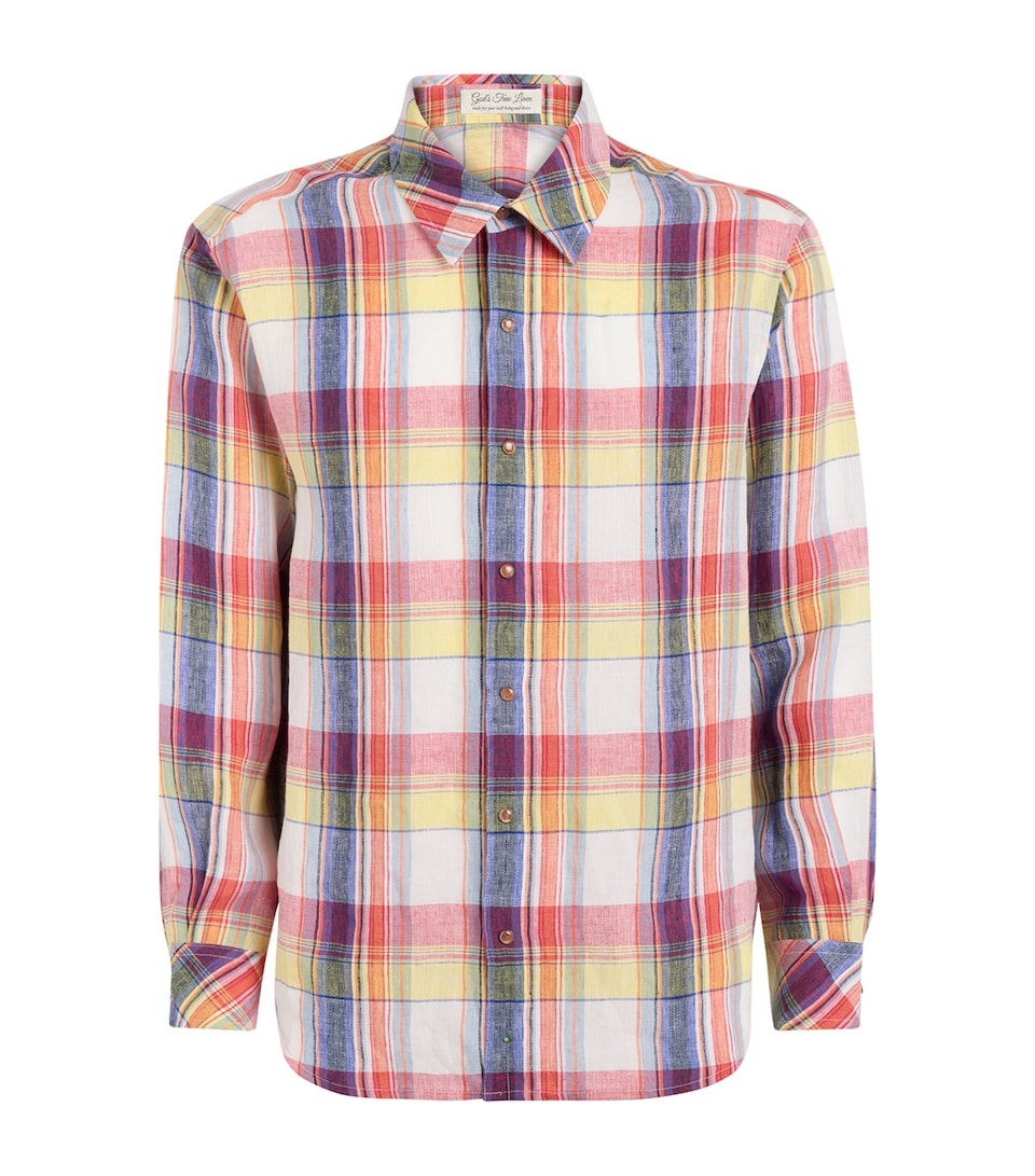 God's True Cashmere Mens Linen Plaid Daybreak Shirt Red Sun / Orange Sunstone