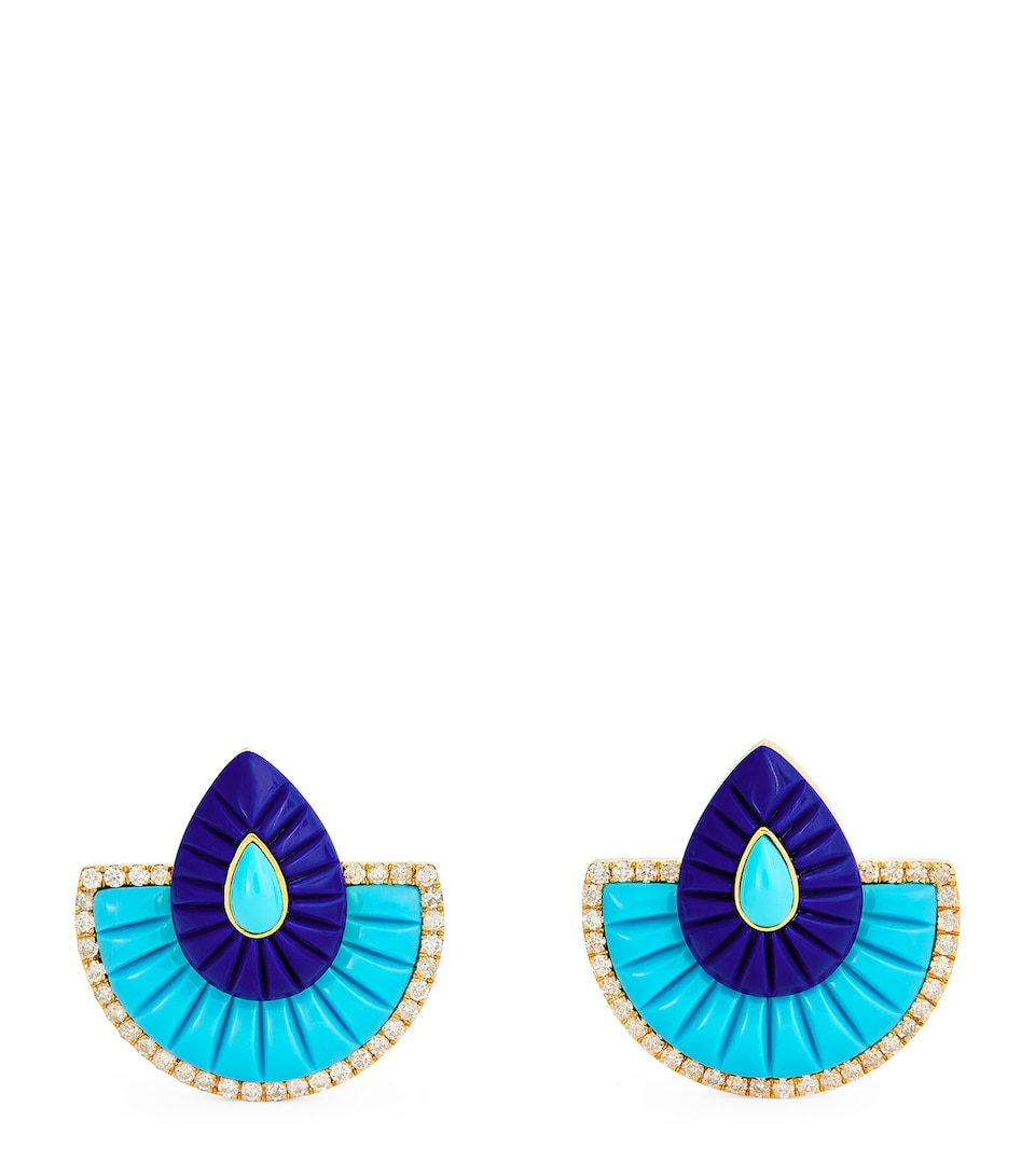 Yellow Gold, Lapis, Turquoise and Diamond Bond Fan Earrings