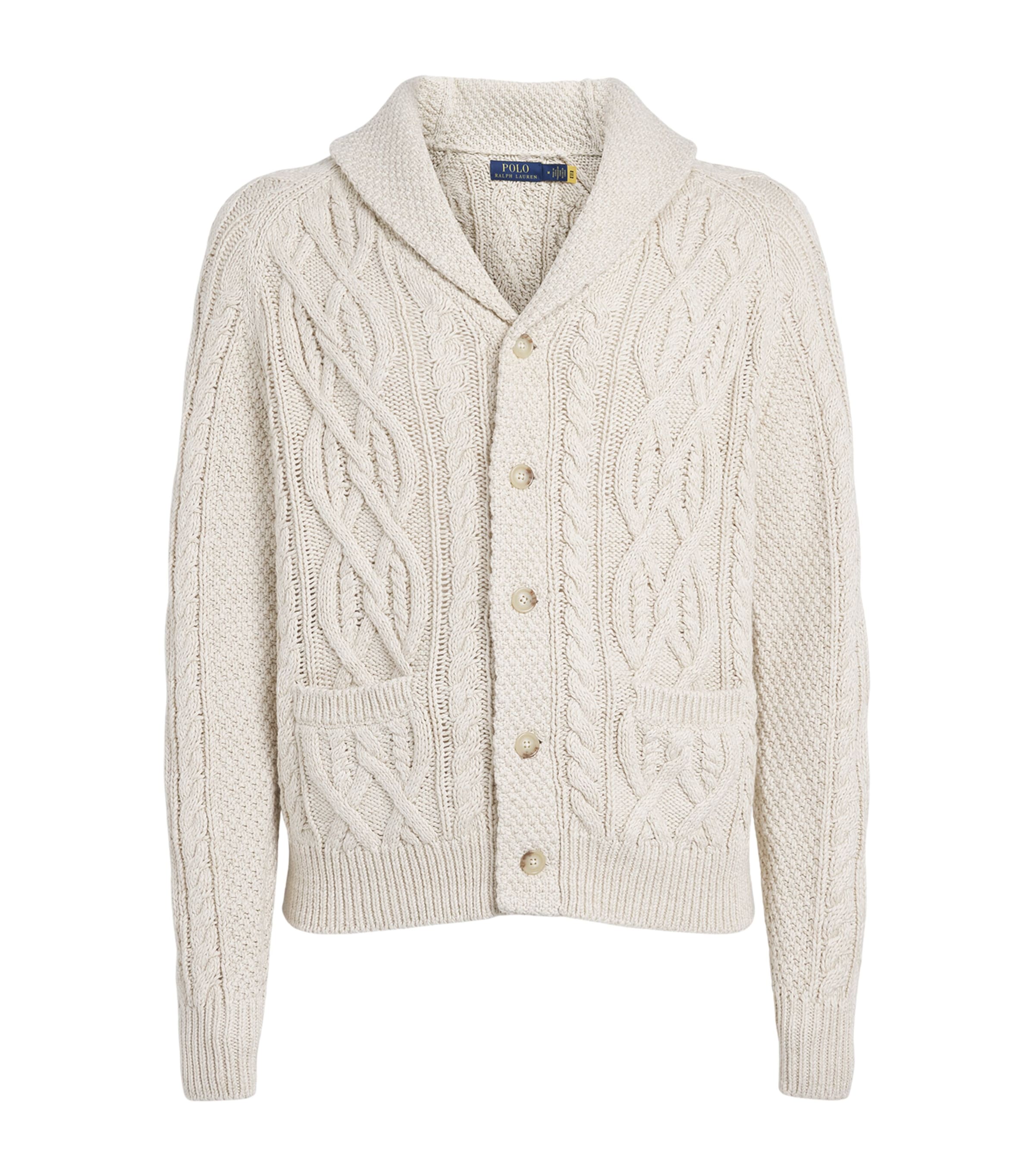 Polo Ralph Lauren Mens Cotton Aran-Knit Cardigan Oatmeal Combo