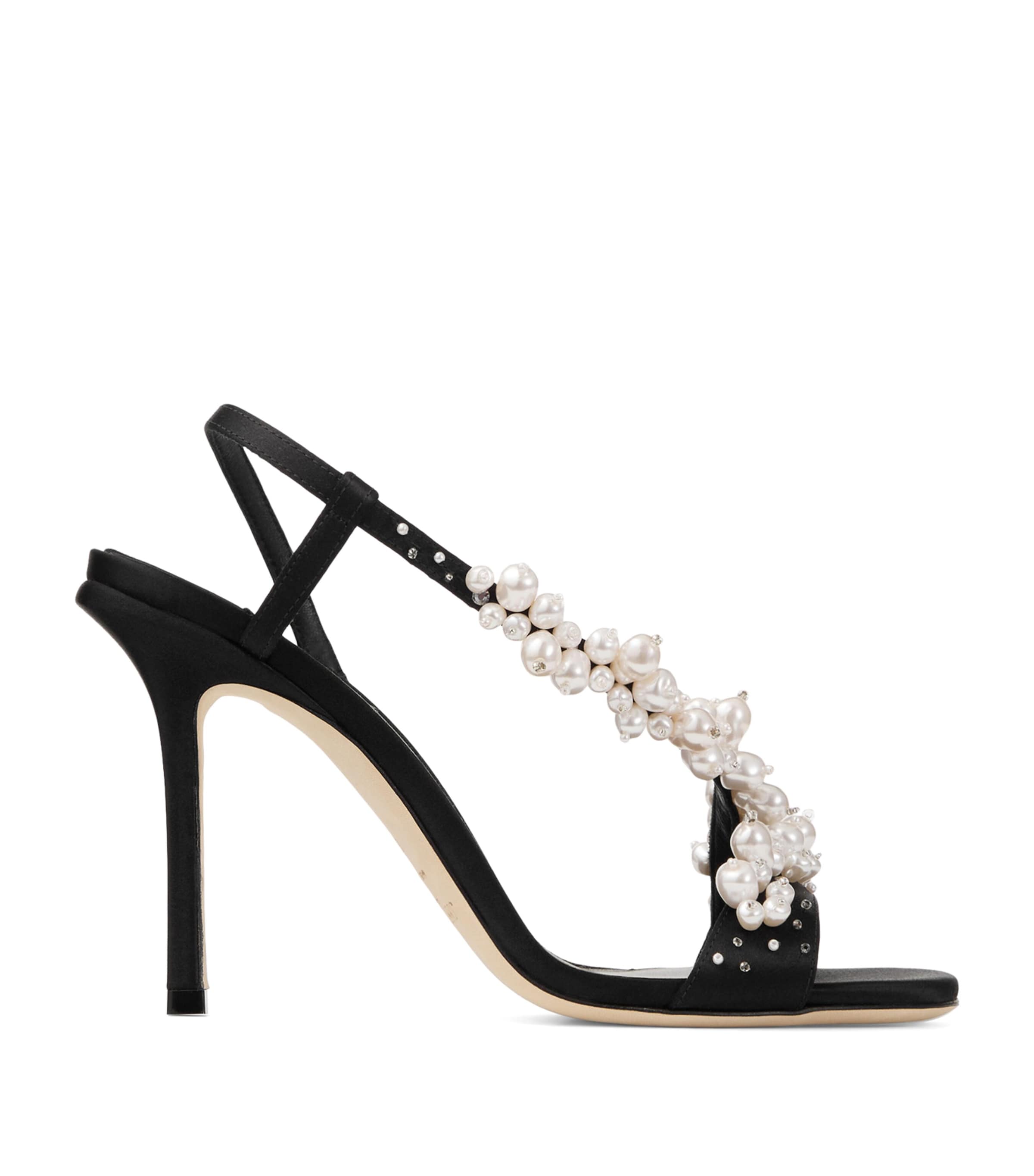 Jimmy Choo Irina 100 Satin Pearl-Embellished Sandals Black/pearl/crystal