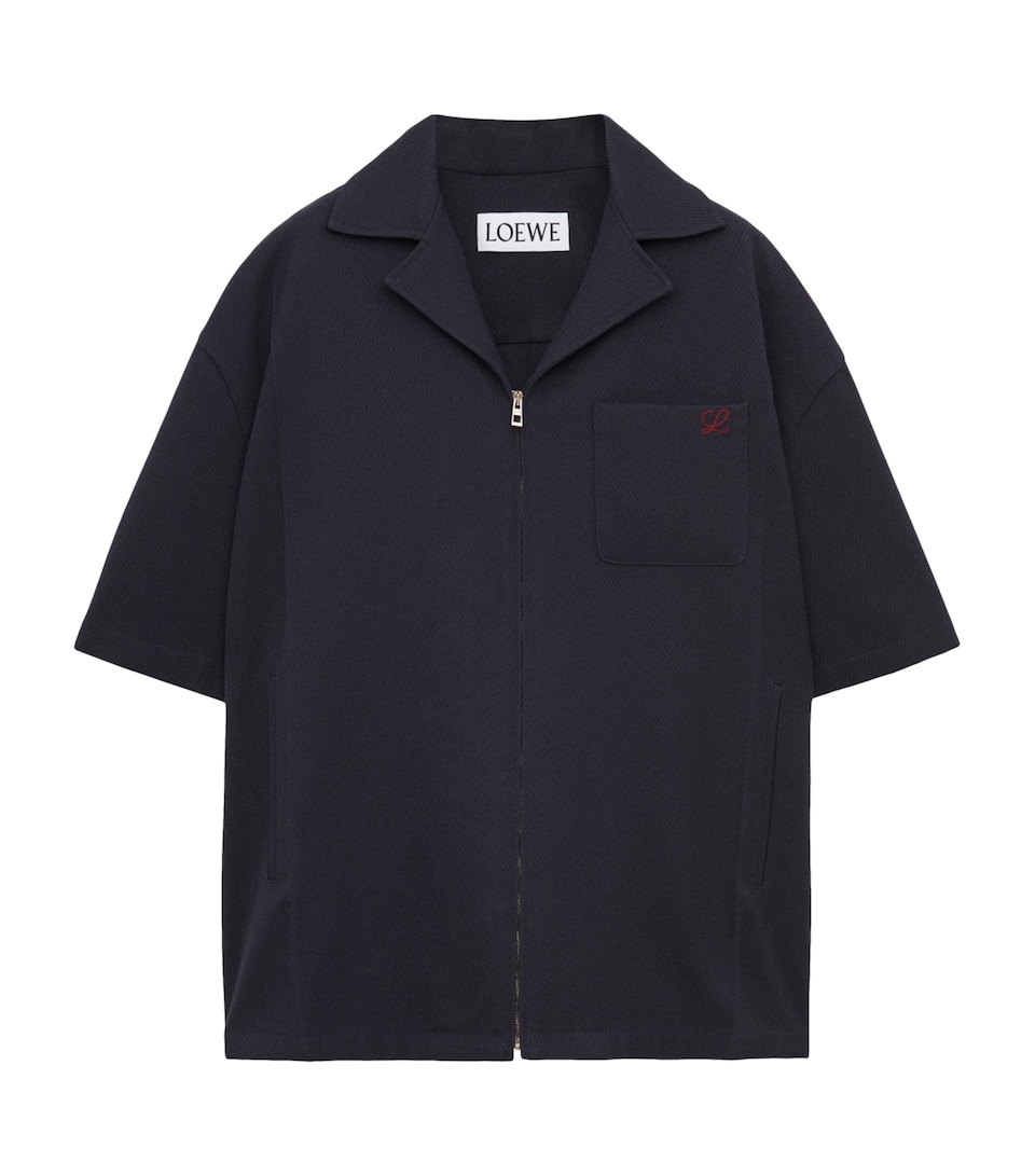 Wool Short-Sleeve Zip-Up Shirt