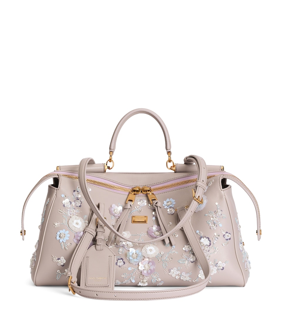 Dolce&Gabbana Medium Calfskin Embellished Vittoria Top-Handle Bag Grigio/mu