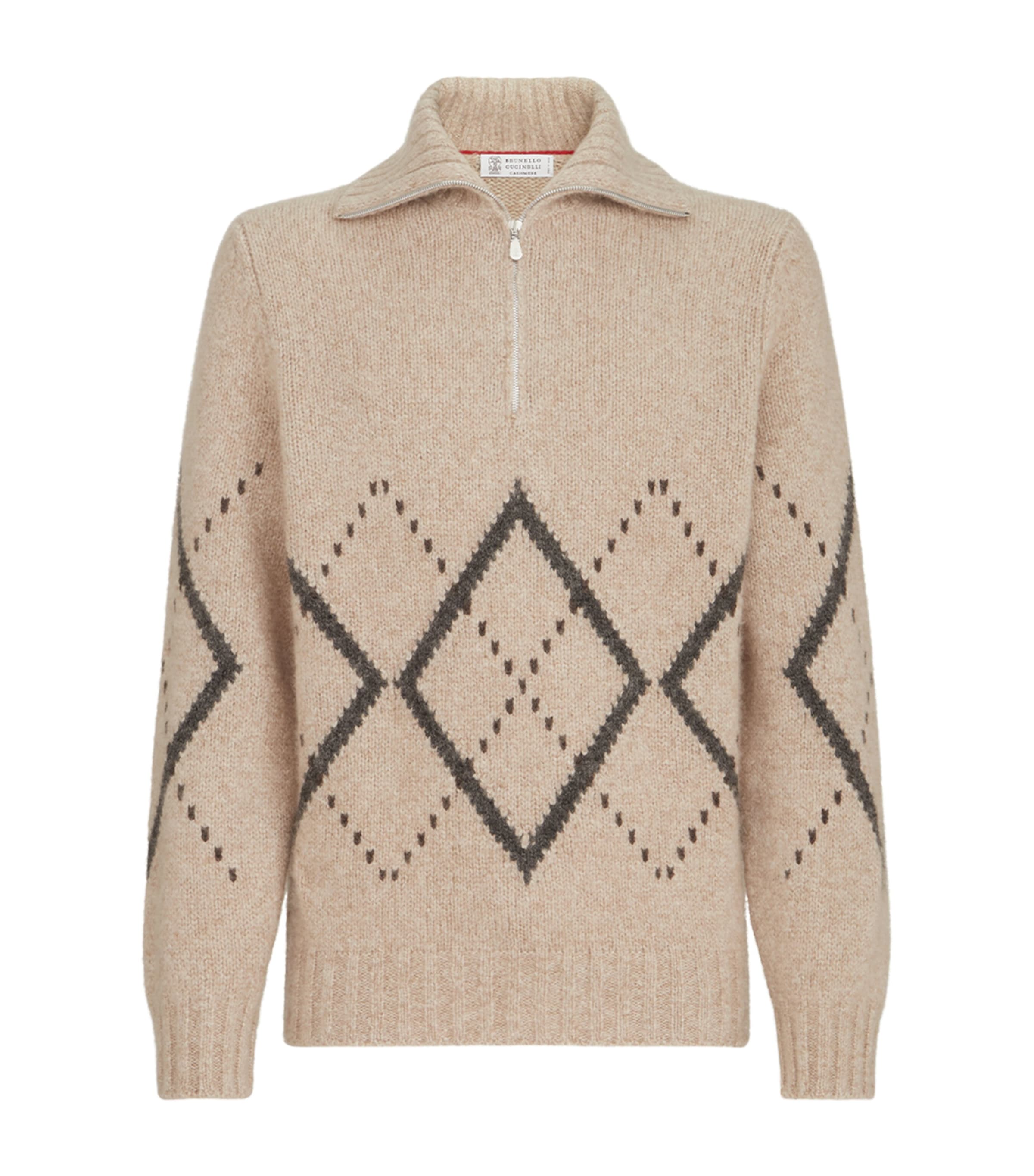 Brunello Cucinelli Mens Cashmere-Silk Quarter-Zip Sweater Beige+black