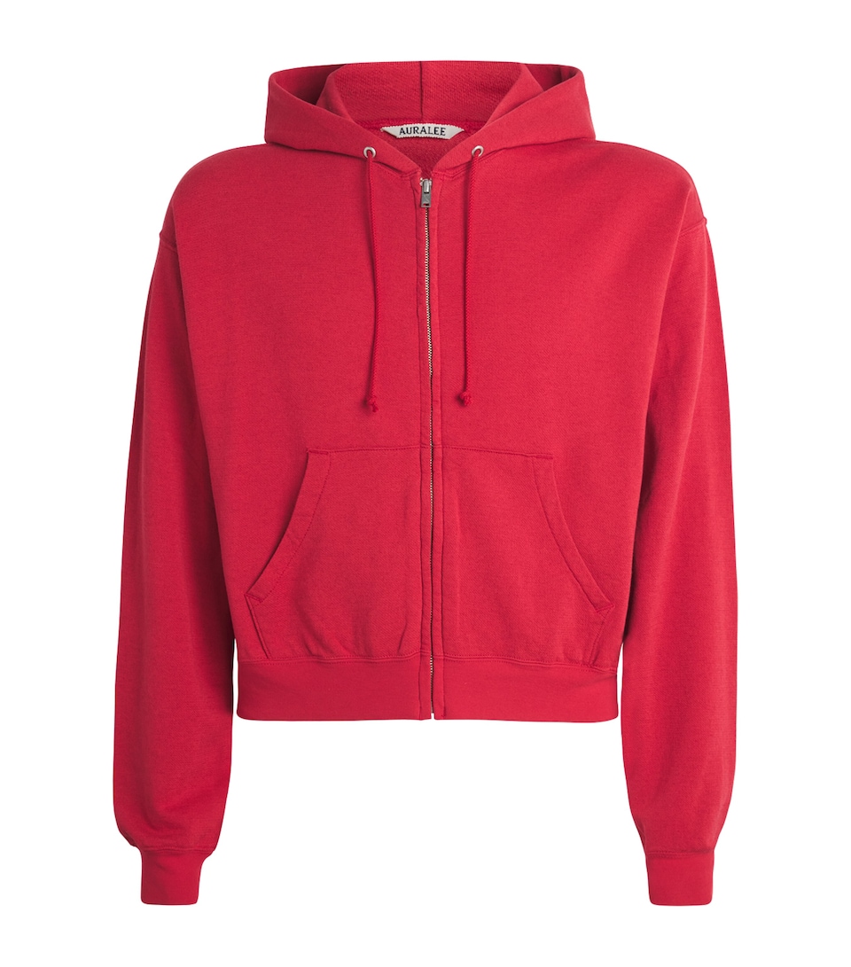 Auralee Mens Cotton-Wool-Silk Zip-Up Hoodie Red