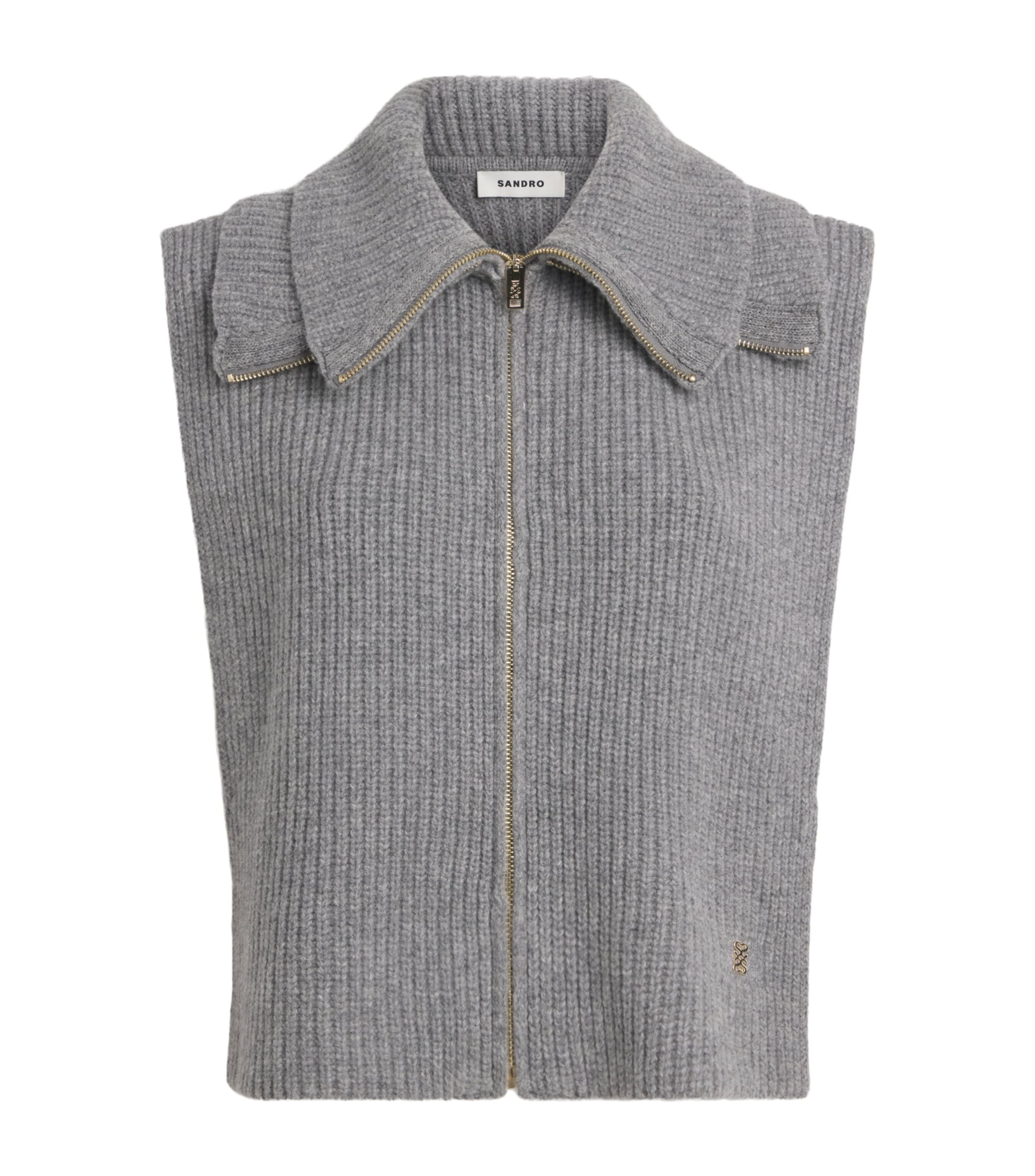 Sandro Paris Womens Wool Knitted Zip-Up Sweater Vest Grey