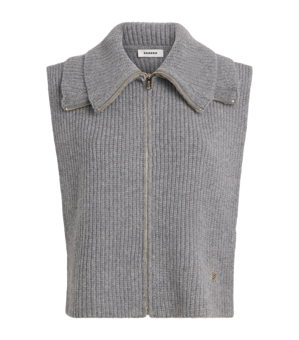 Sandro Paris Womens Wool Knitted Zip-Up Sweater Vest Grey