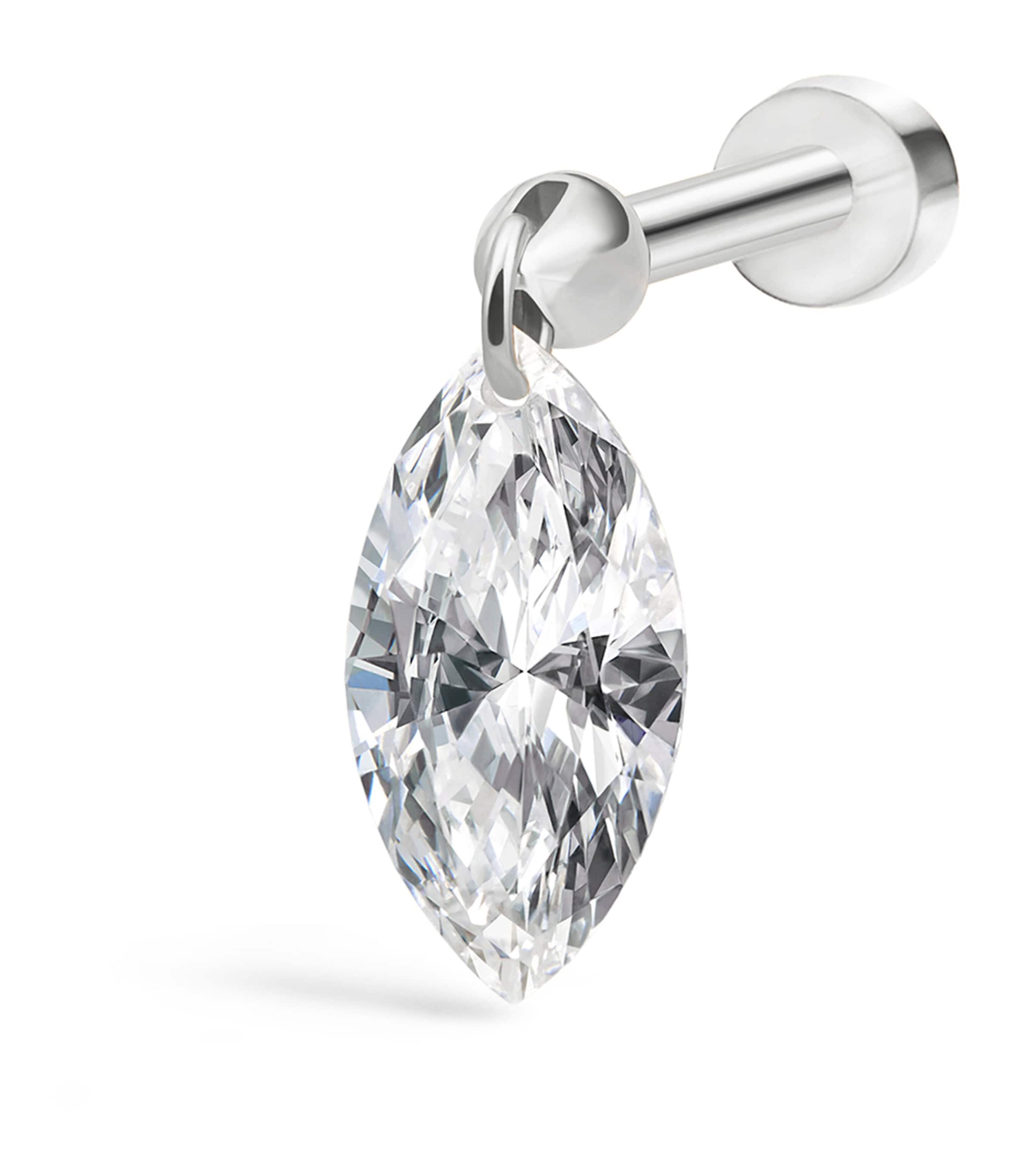 White Gold Floating Marquise Diamond Charm Threaded Stud Earring (6mm)