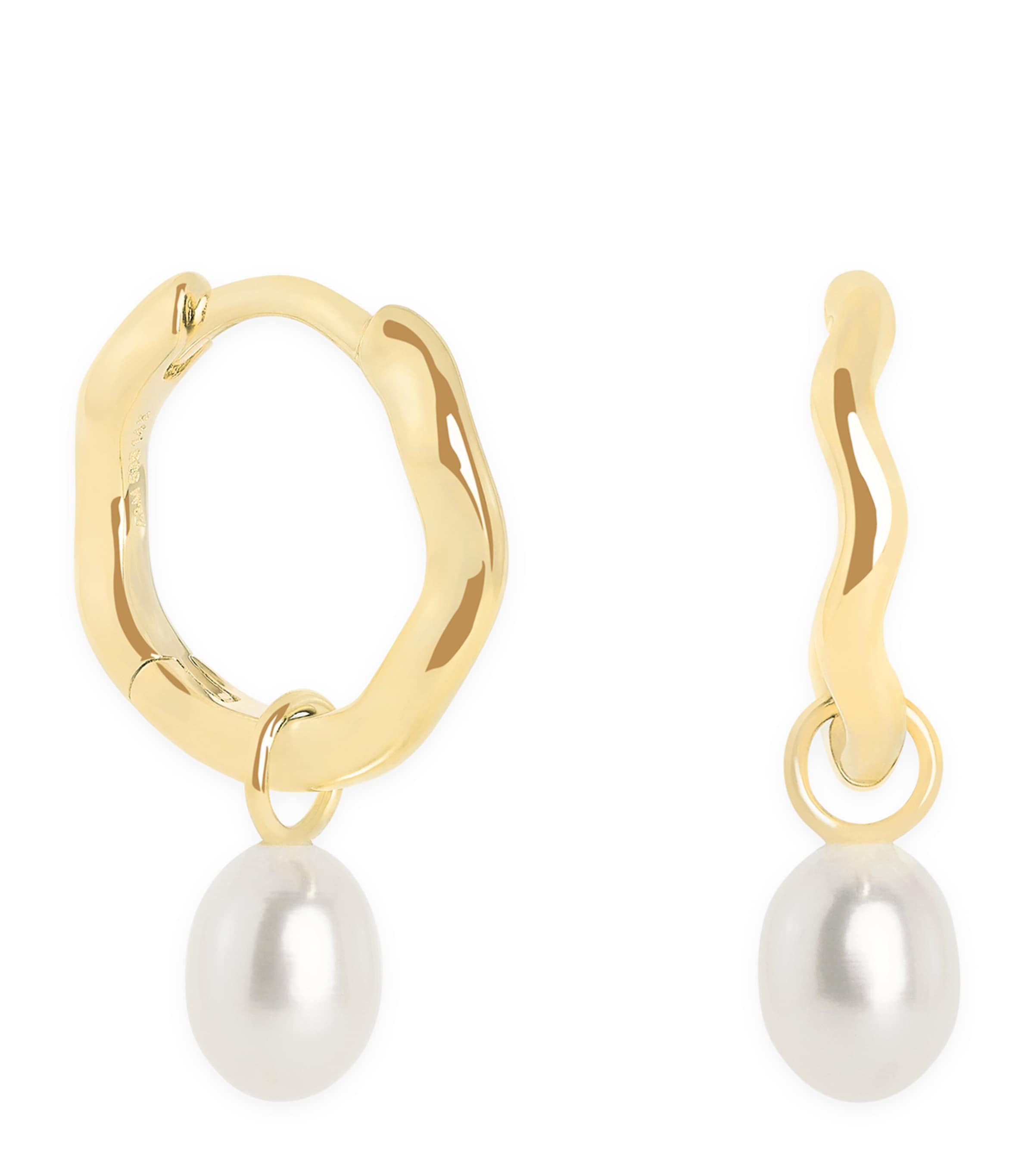 Astrid & Miyu Yellow Gold and Pearl Wave Huggie Earrings Gold
