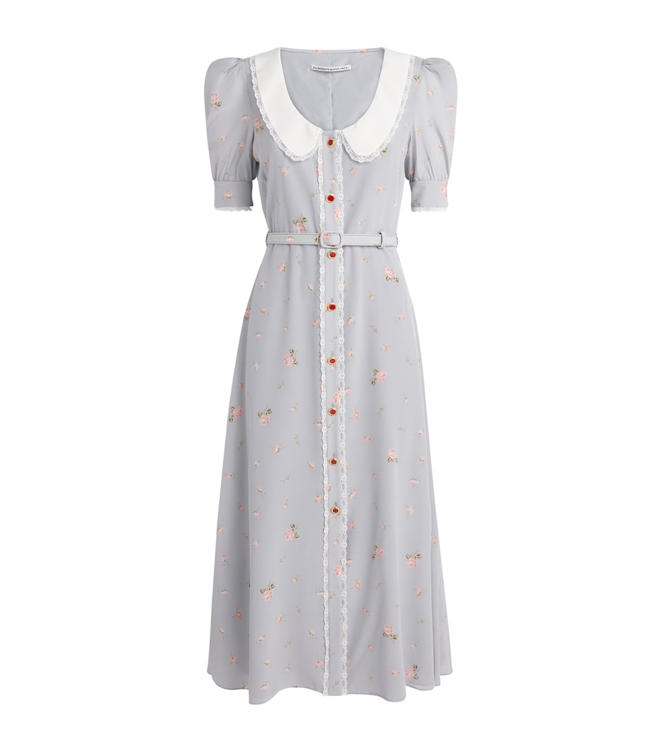 Alessandra Rich Womens Floral Print Belted Midi Dress Pearl Grey Pink