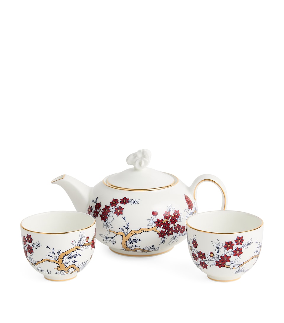 Wedgwood Ceramic Year of the Ram Teapot and Tea Bowls Set White & Red