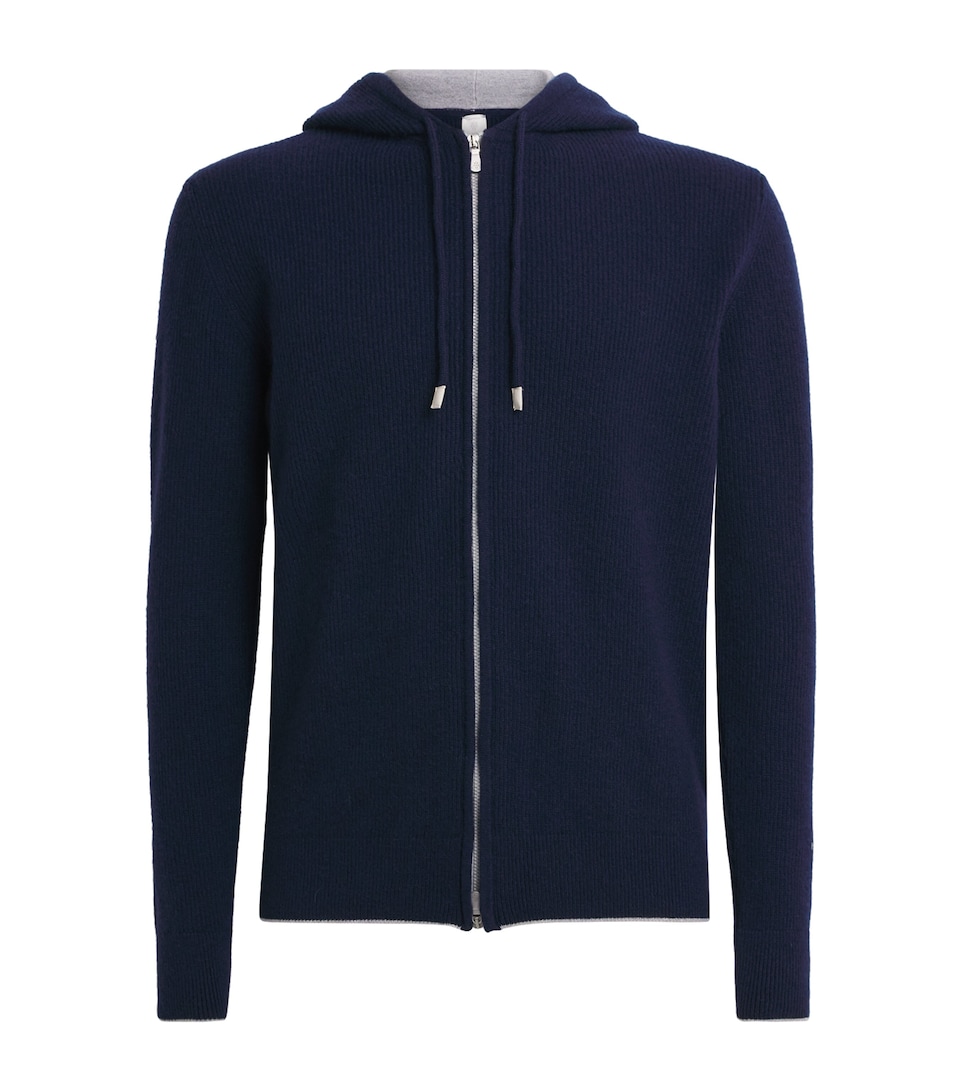 Eleventy Mens Cashmere Zip-Up Hoodie Blu E Grigio Chiaro