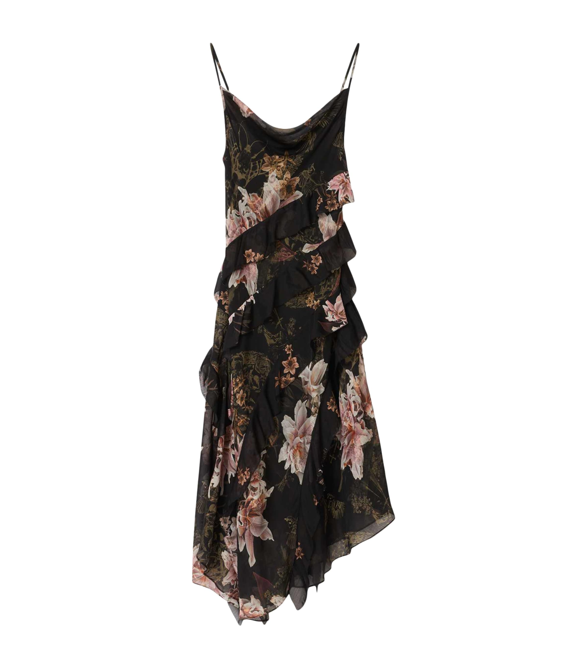 AllSaints Womens Floral Ruth Midi Dress Crystal Black