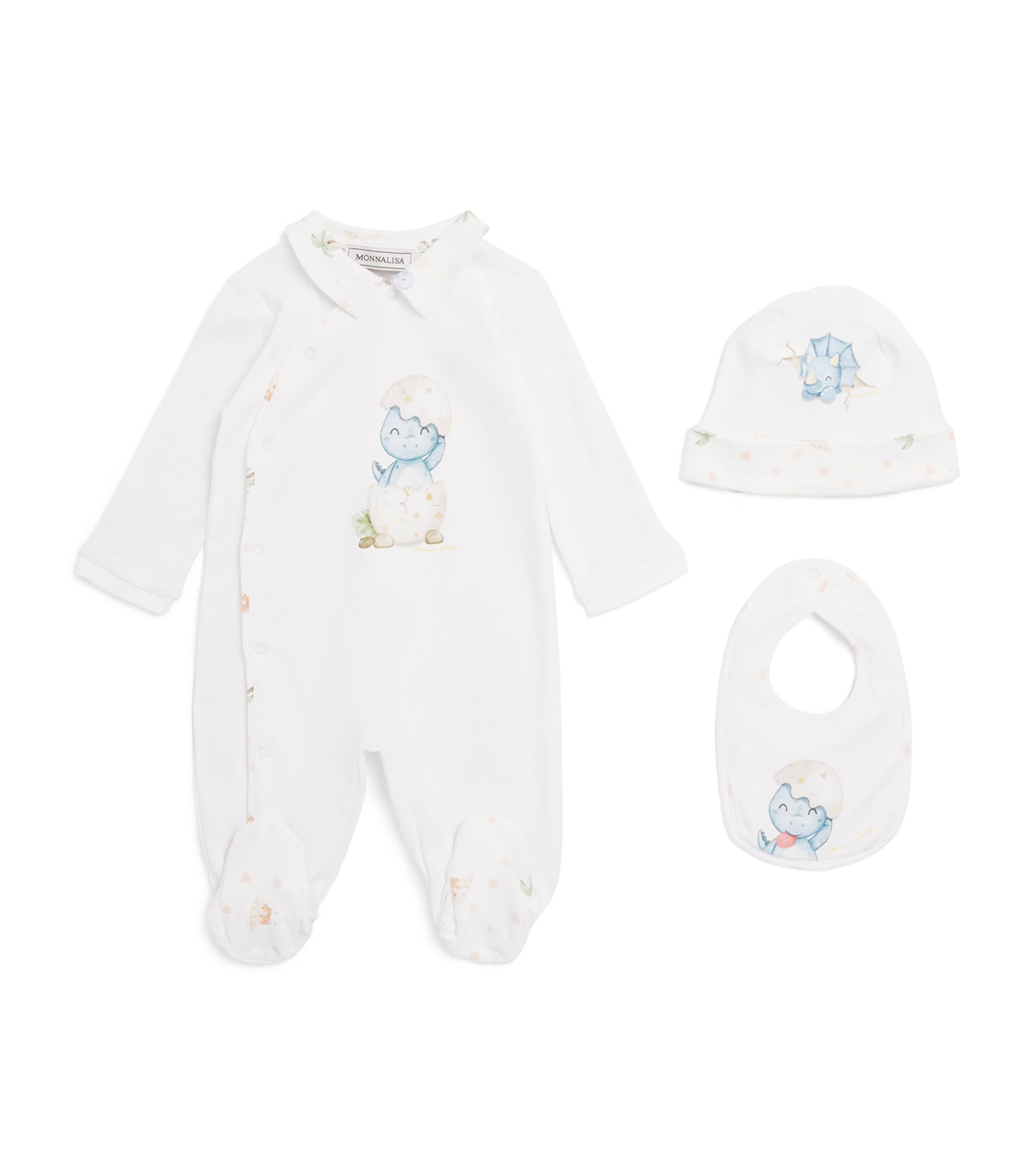 Monnalisa Cotton Dinosaur Print All-In-One, Bib and Hat Set (1-9 Months) White+lemonade