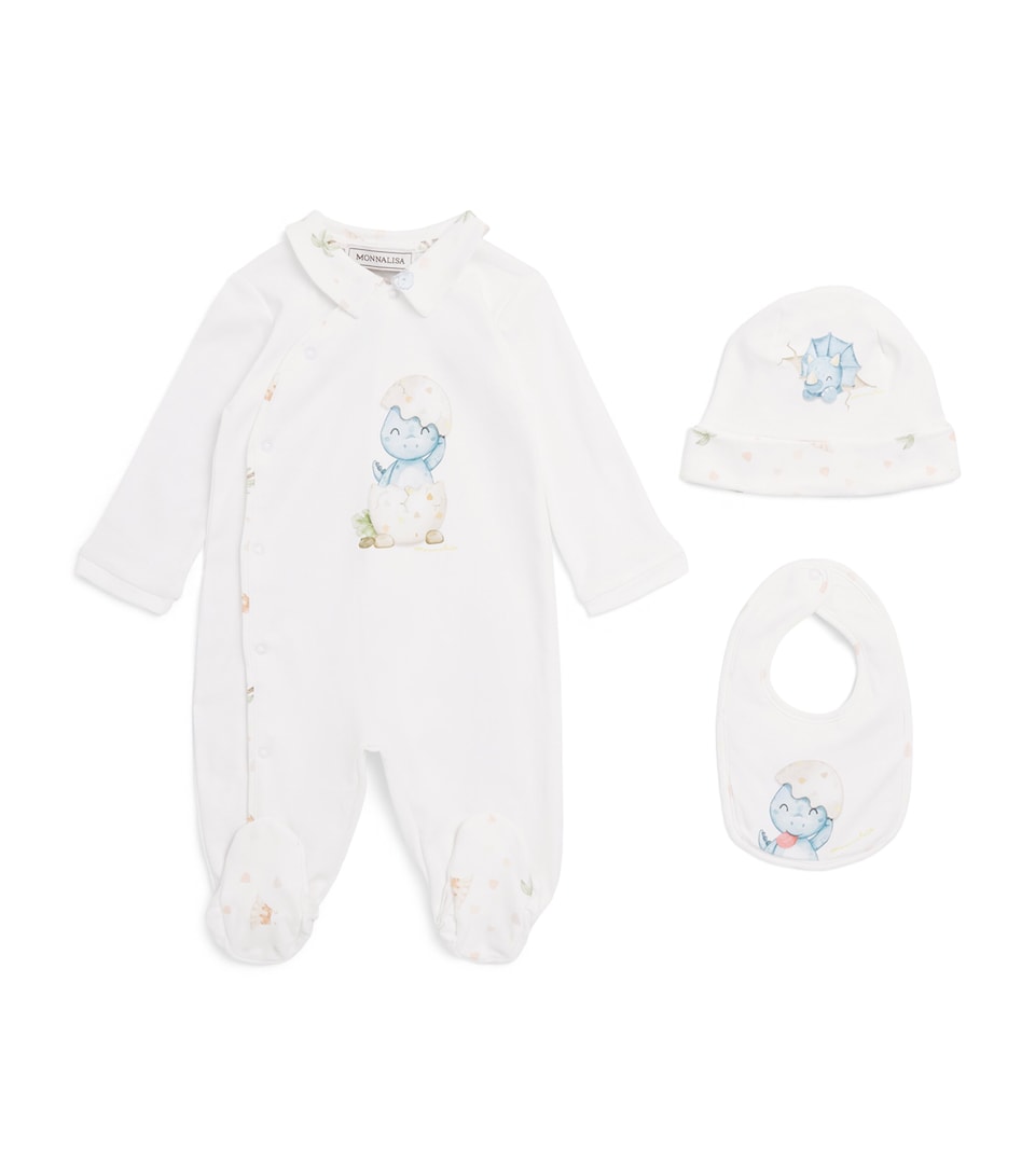 Monnalisa Cotton Dinosaur Print All-In-One, Bib and Hat Set (1-9 Months) White+lemonade