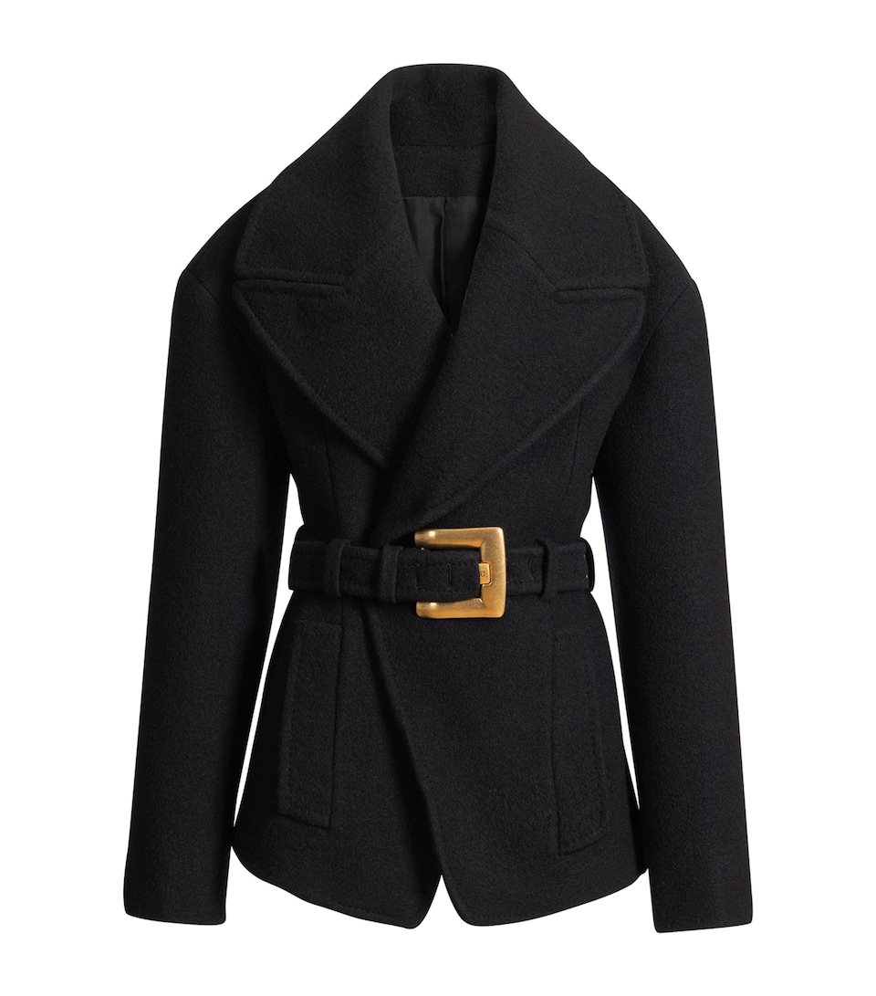 Balmain Womens Virgin Wool Belted Pea Coat Noir