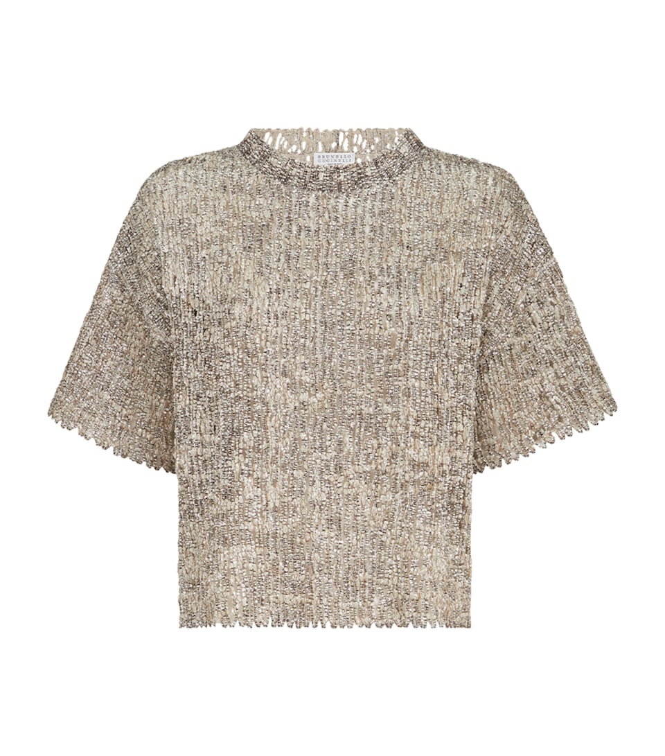 Brunello Cucinelli Womens Embroidered Short-Sleeve Sweater Beige