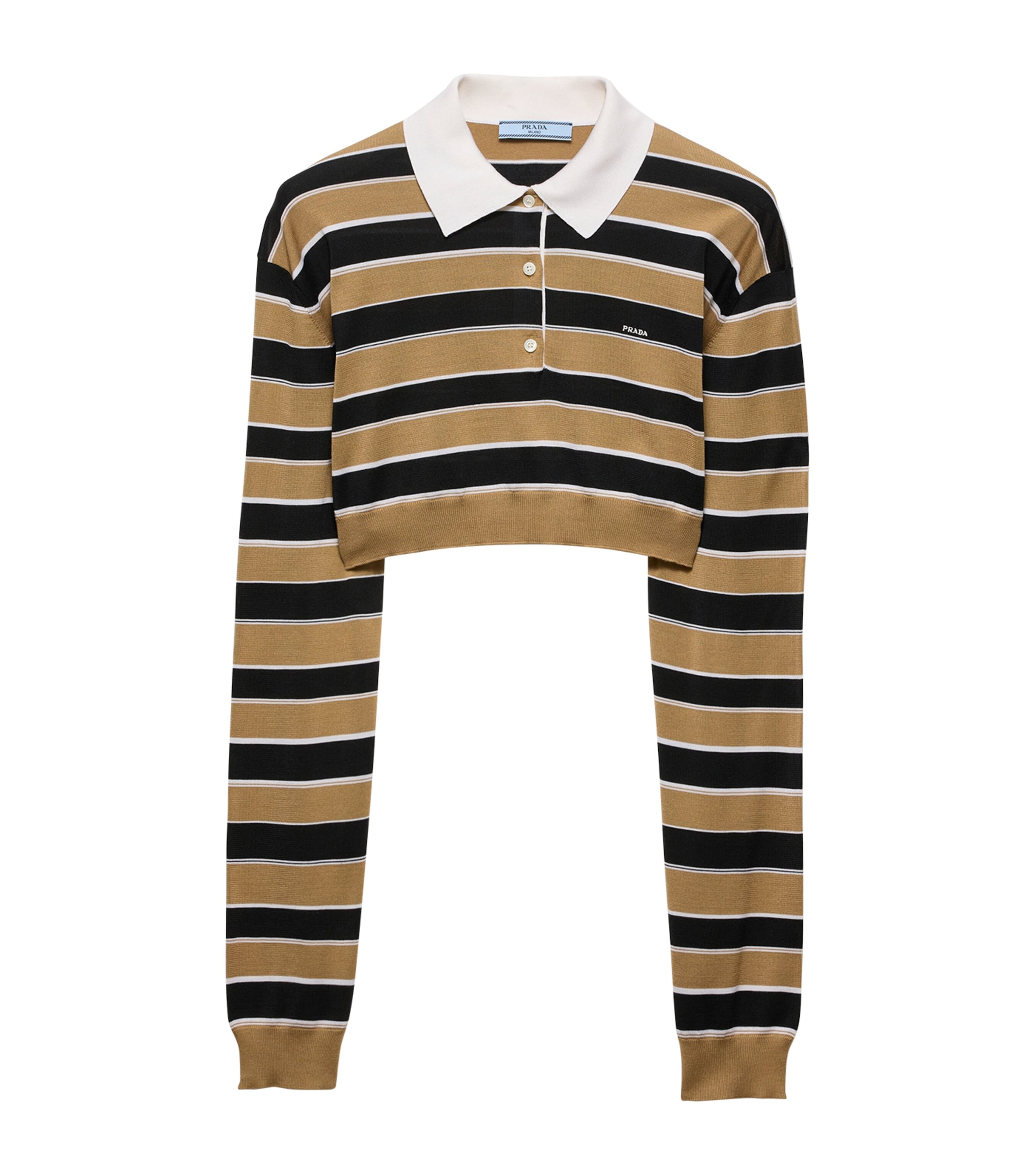 Prada Womens Silk Stripe Cropped Polo Sweater Neutral