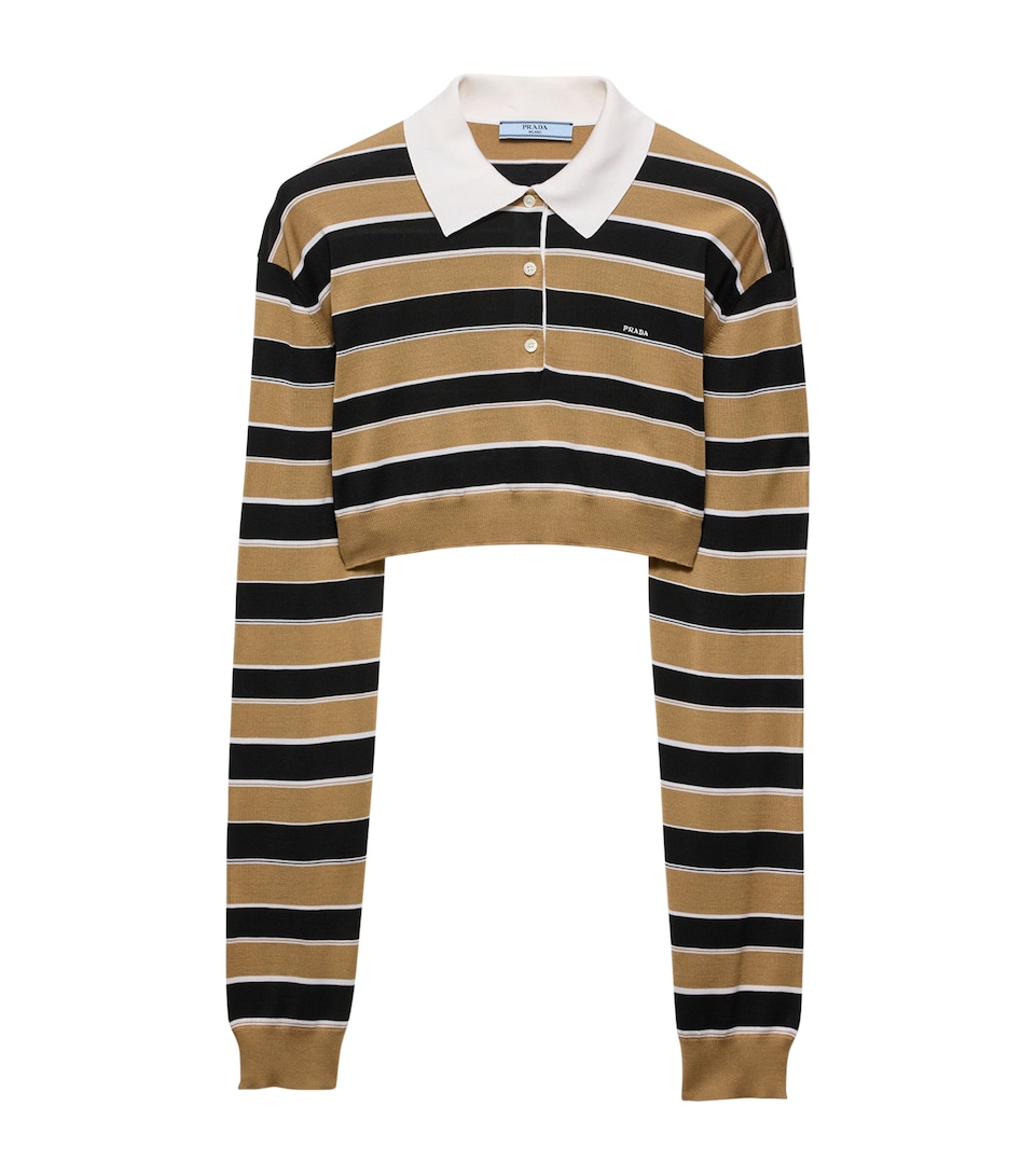 Prada Womens Silk Stripe Cropped Polo Sweater Neutral