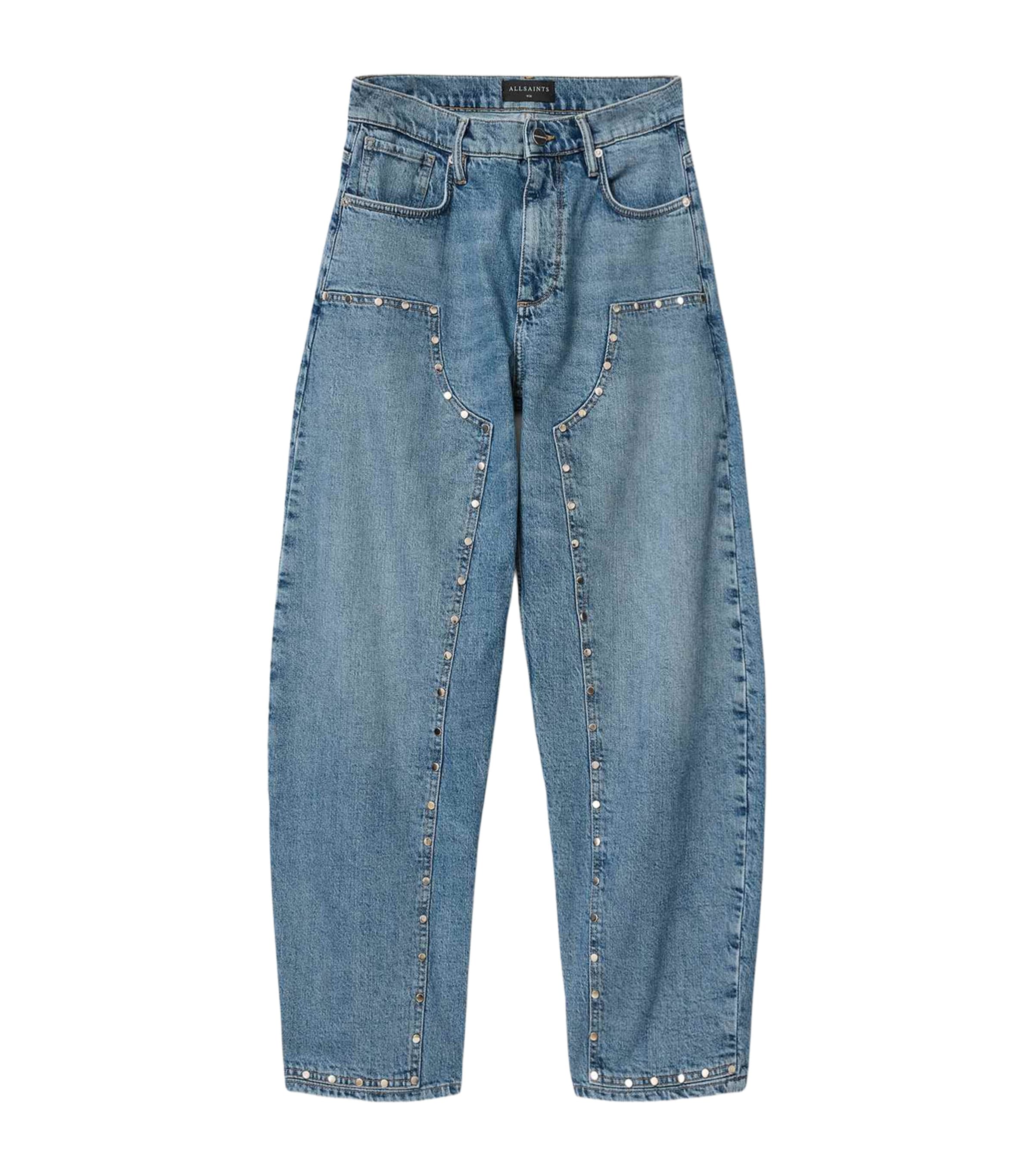 AllSaints Womens Sadie Studded Barrel-Leg Jeans Light Indigo