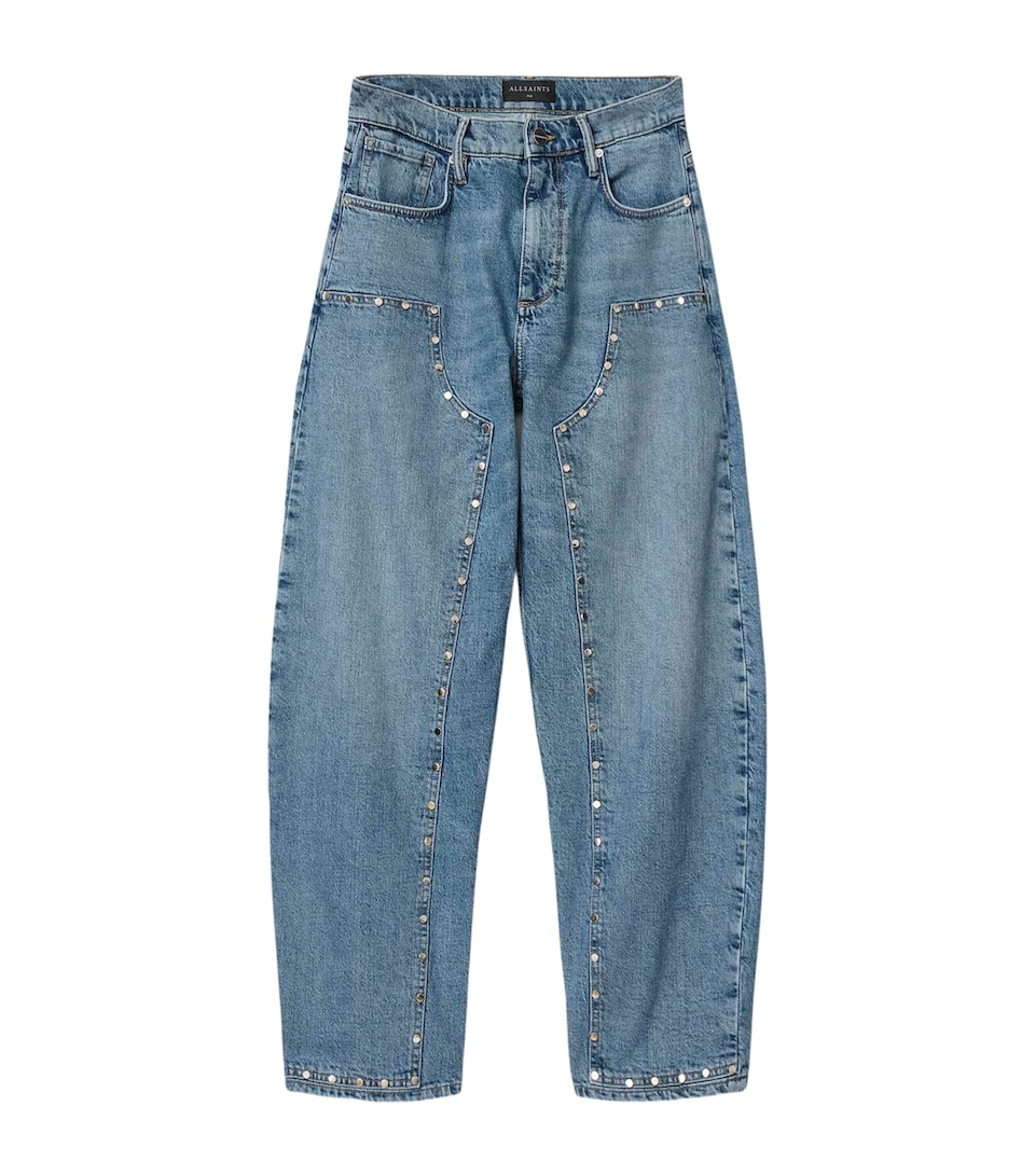 AllSaints Womens Sadie Studded Barrel-Leg Jeans Light Indigo