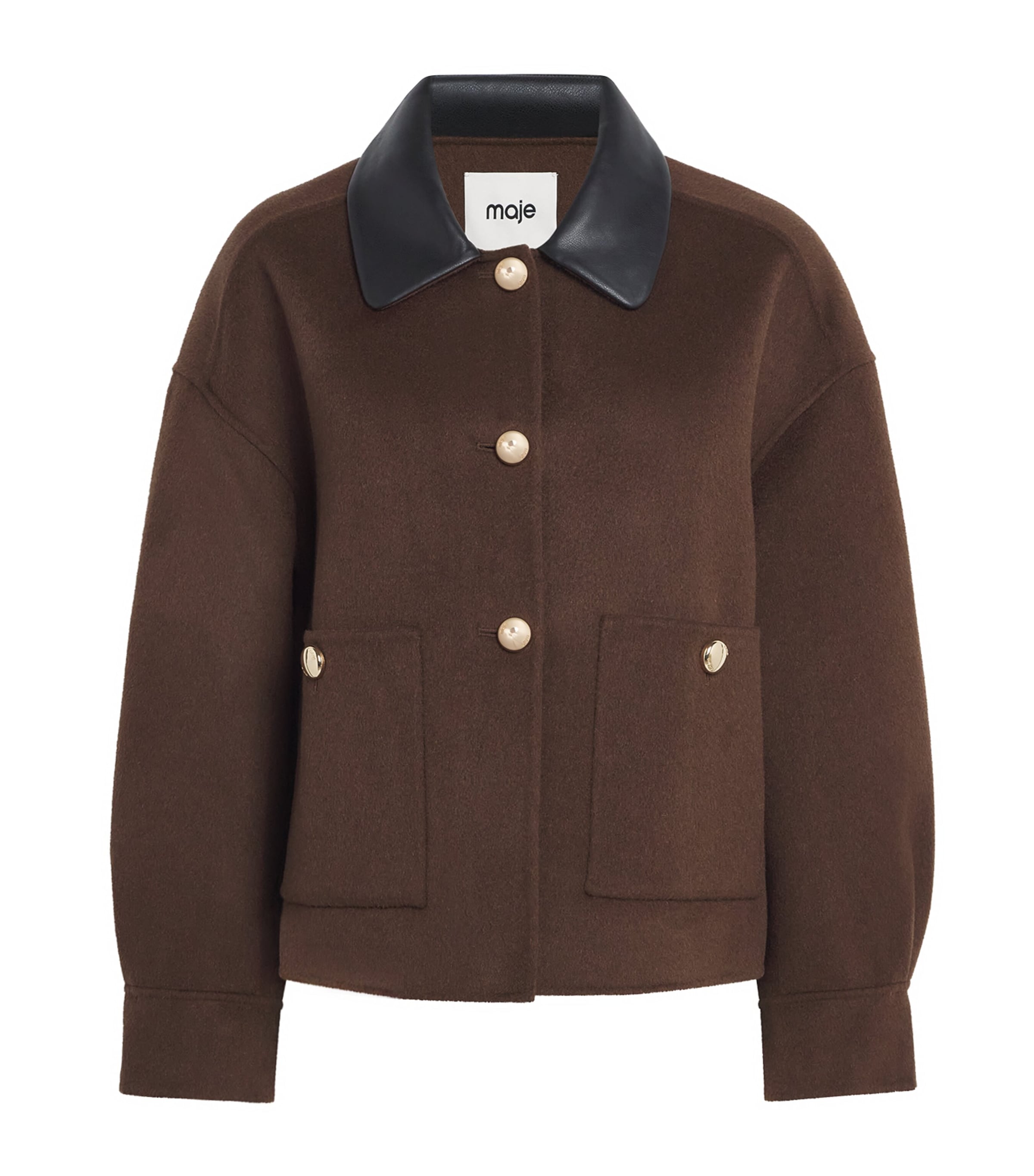 Maje Womens Wool-Blend Leather-Collar Jacket Brown