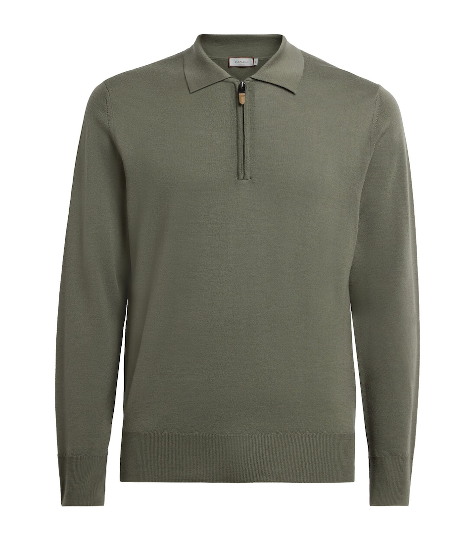Canali Mens Wool Quarter-Zip Polo Sweater Green