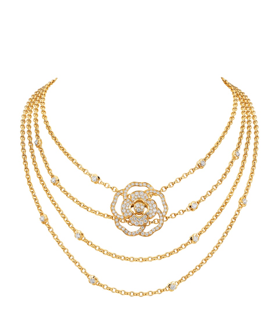 CHANEL Yellow Gold and Diamond Camélia Bloom Plastron Necklace Yellow Gold
