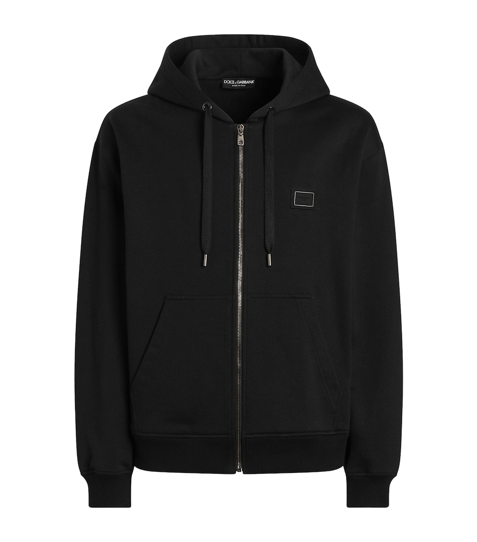 Dolce&Gabbana Mens Cotton Logo Patch Zip-Up Hoodie Black