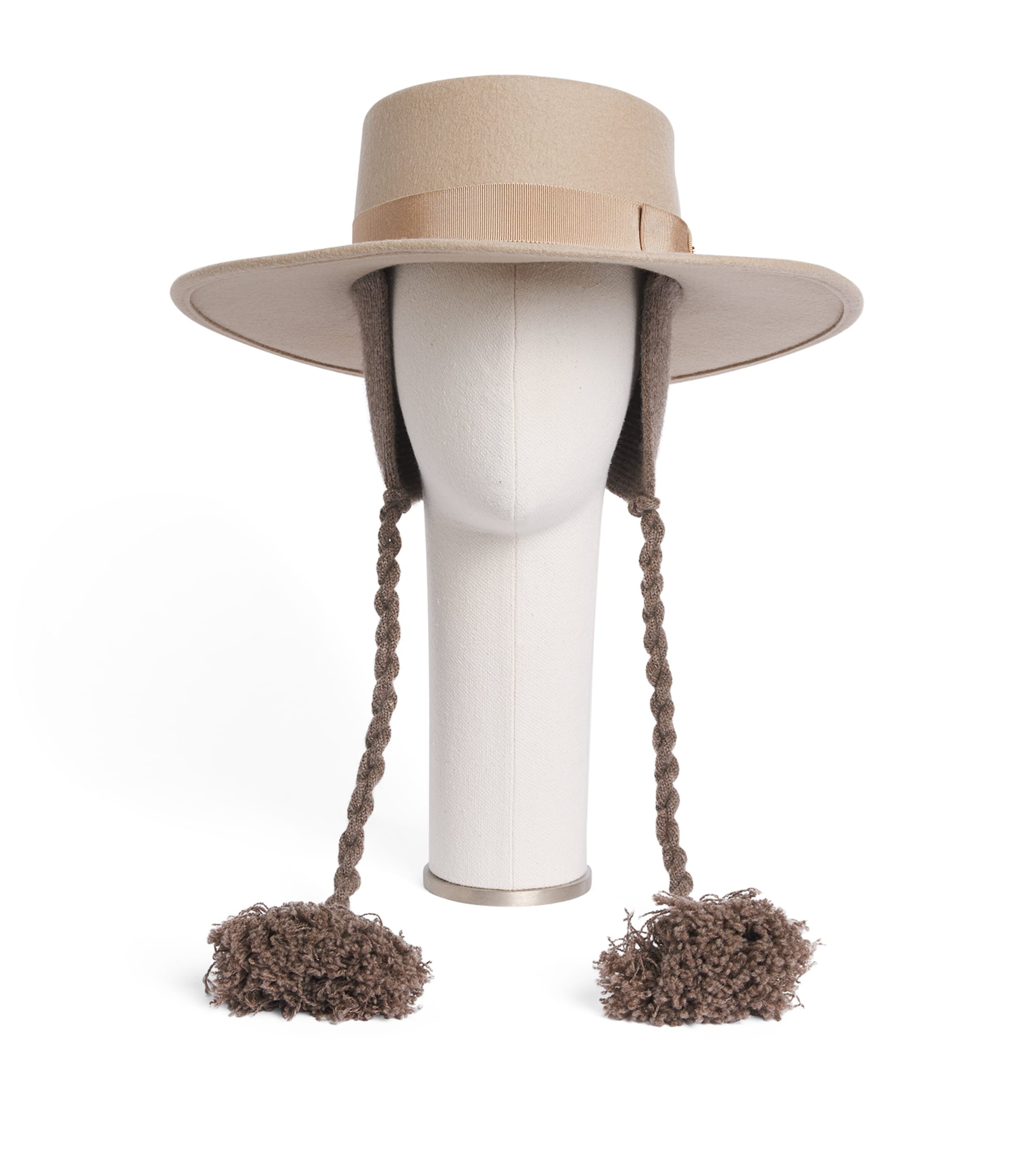 Agnona Wool Felt Tassel Wide-Brim Hat Warm Grey Sand