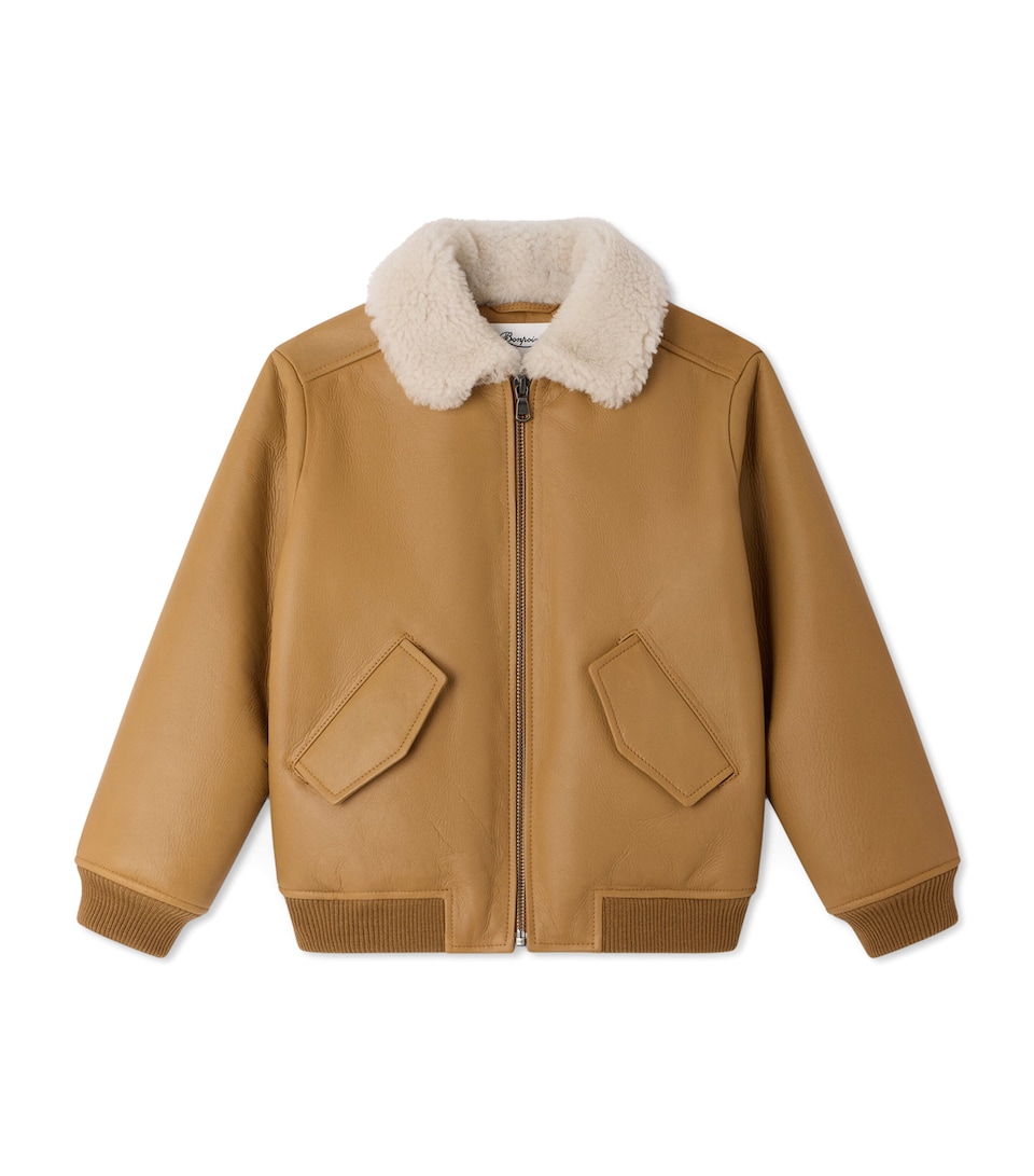 Bonpoint Leather Shearling-Collar Jacket (4-8 Years) Caramel