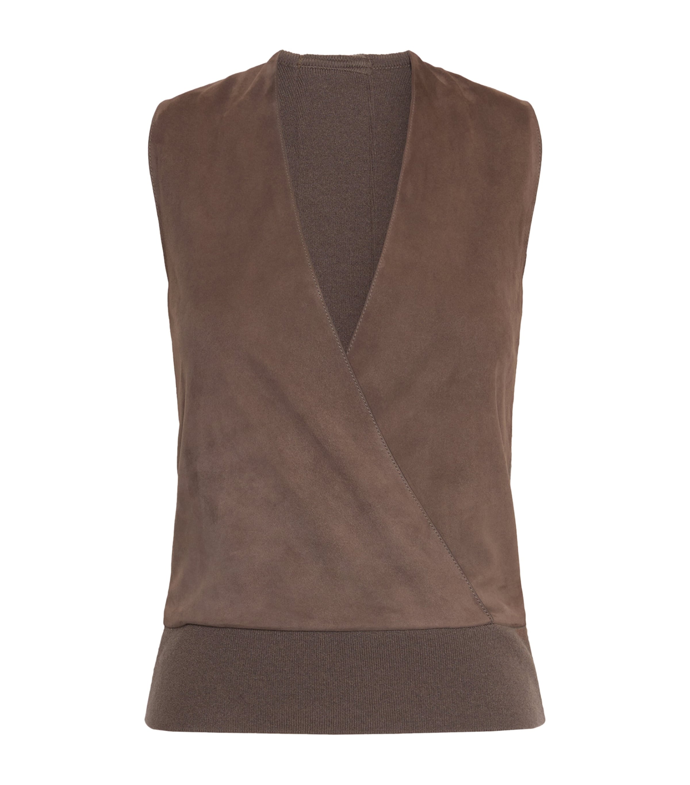 Max Mara Womens Wool-Cashmere-Lamb Suede Sleeveless Wrap Waistcoat Mud