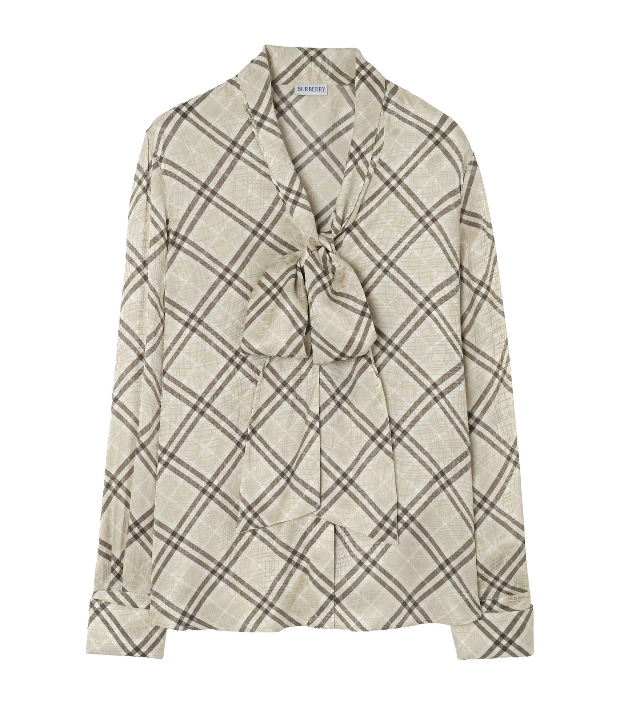 Burberry Womens Silk-Blend Check Scarf Blouse Champagne Wht Ip Chk