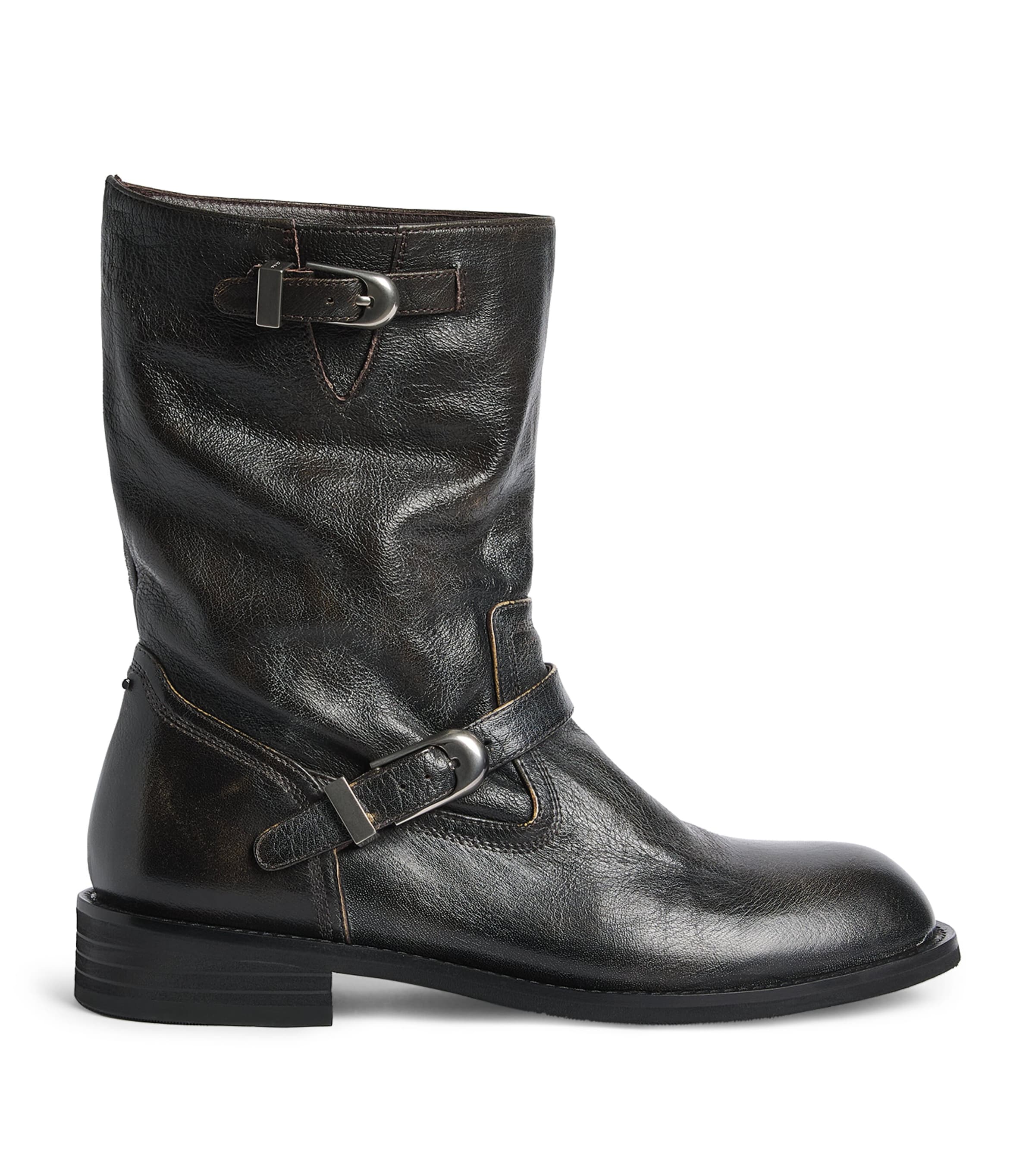 System Leather Buckle Ankle Boots Dark Brown