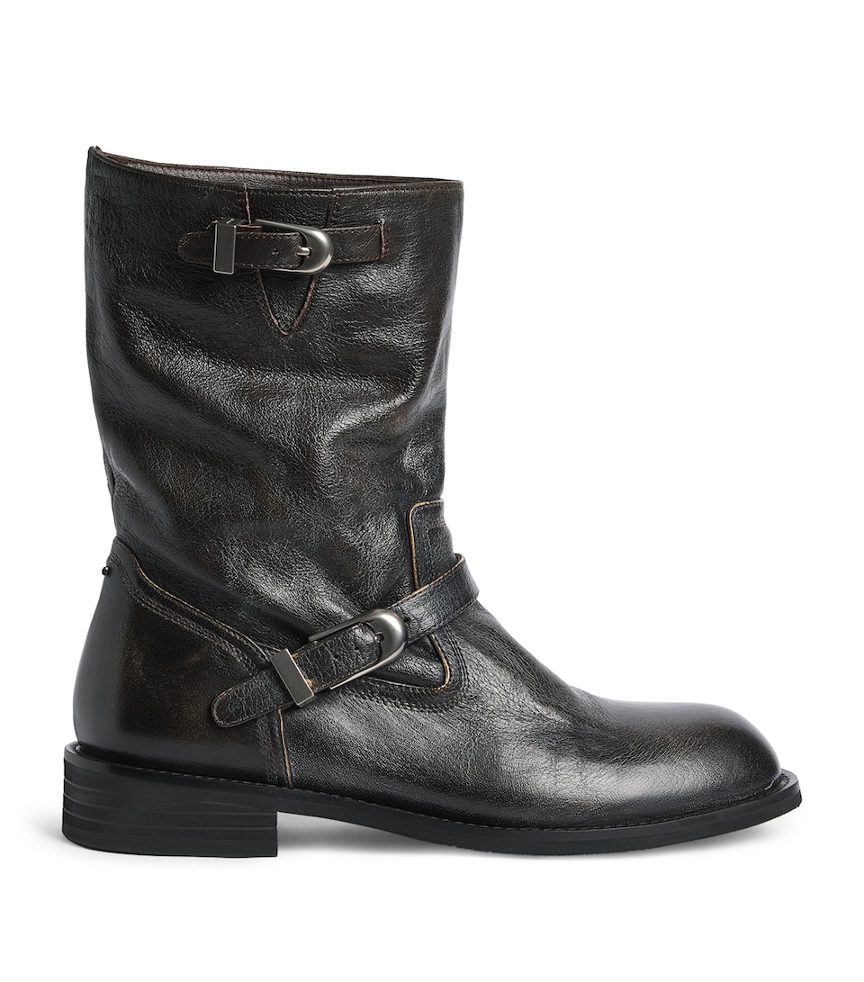 System Leather Buckle Ankle Boots Dark Brown
