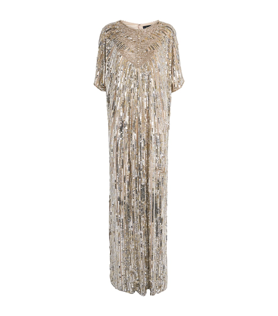 Jenny Packham Womens Embellished Desert Blossom Maxi Dress Illusion