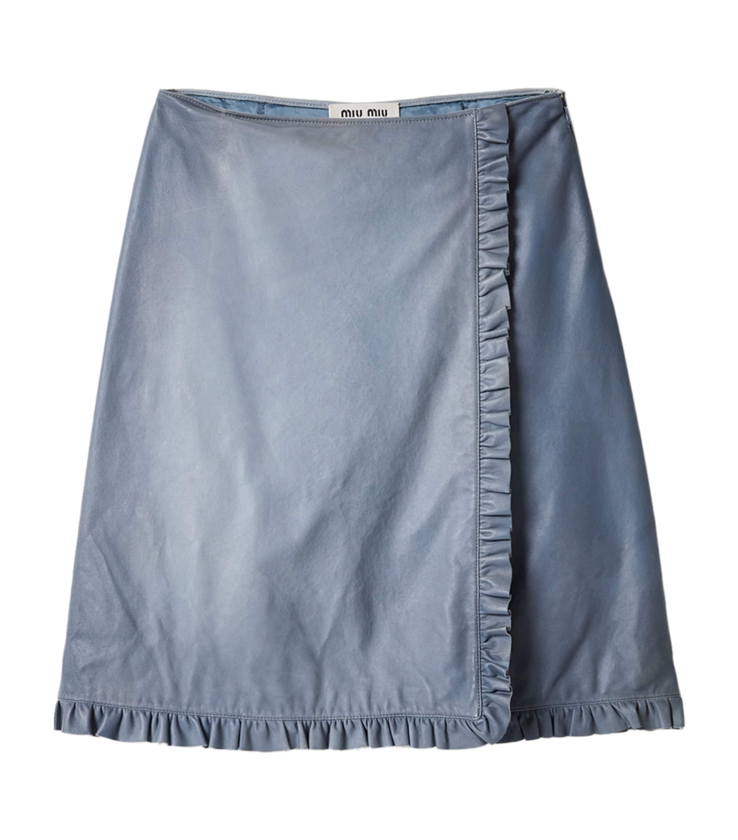 Miu Miu Womens Nappa Leather Ruffle Midi Skirt Light Blue