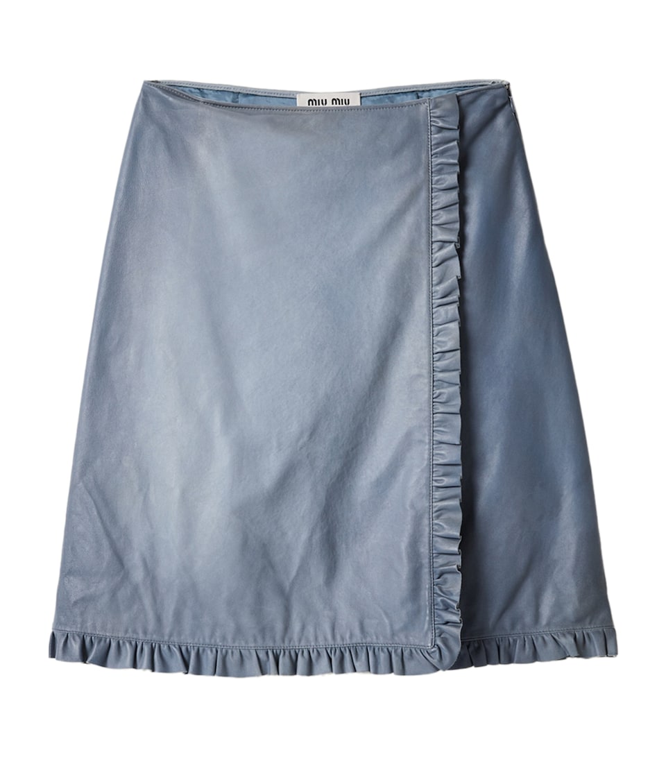 Miu Miu Womens Nappa Leather Ruffle Midi Skirt Light Blue