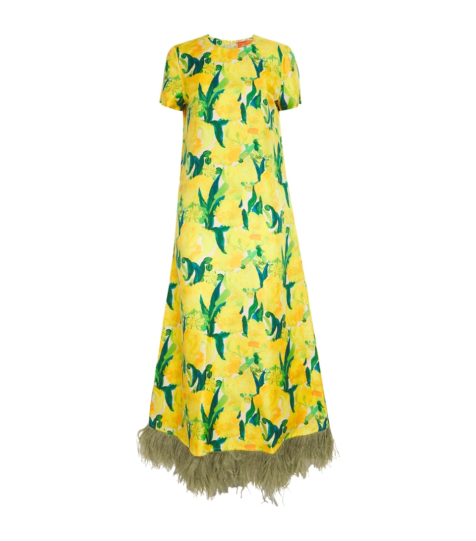Silk Feather-Trim Swing Maxi Dress
