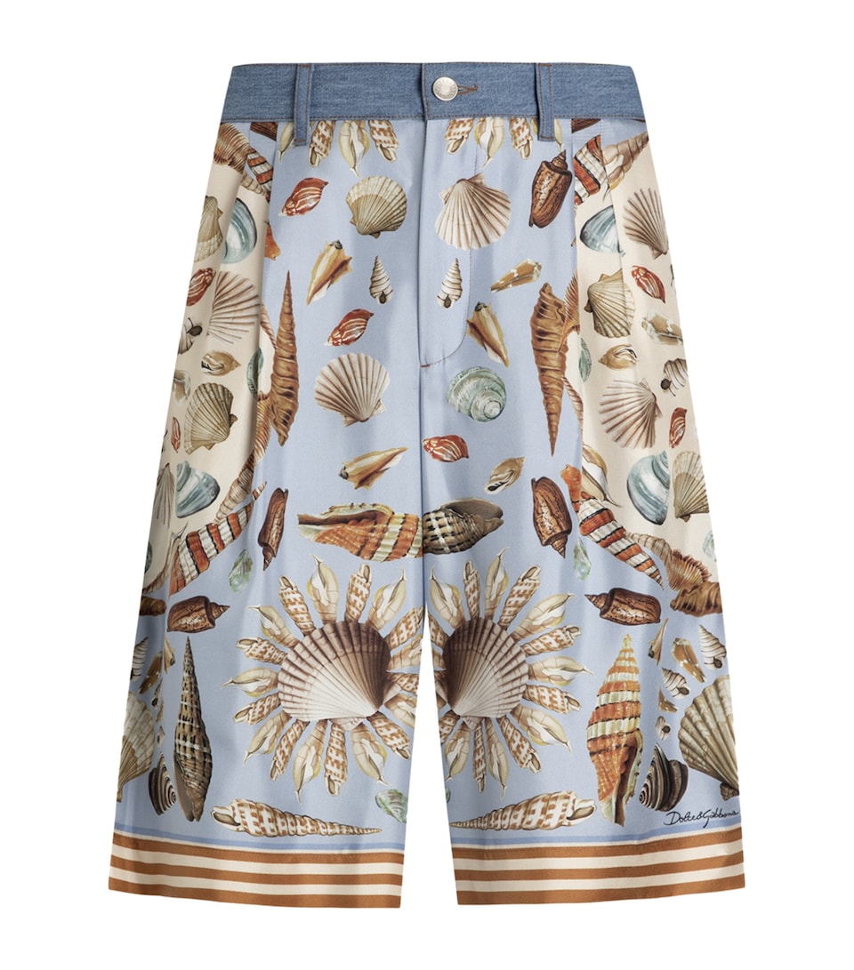 Silk-Panel Wide-Leg Denim Shorts