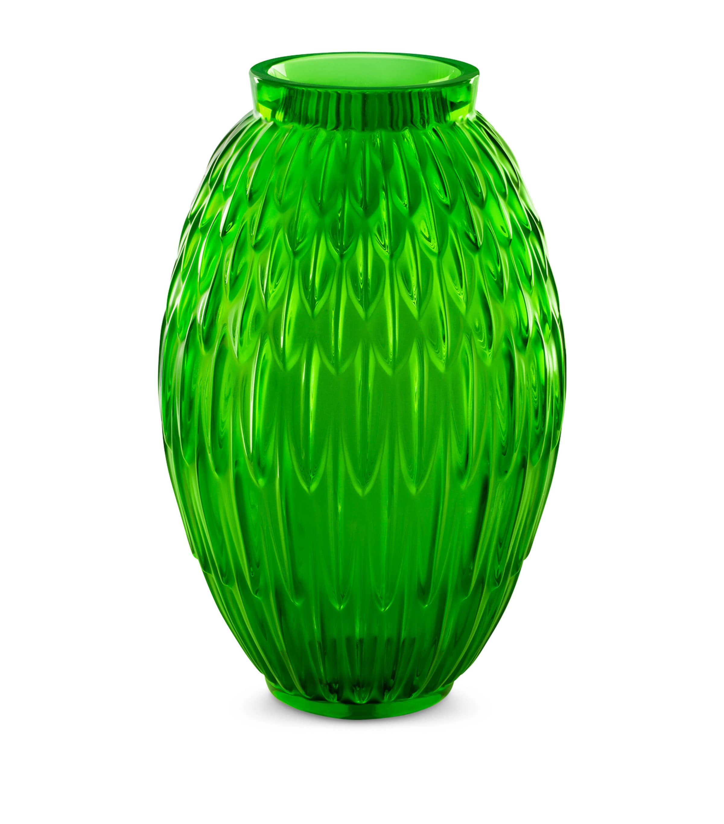 Lalique Crystal Plumes Vase (26.5cm) Vert Prairie