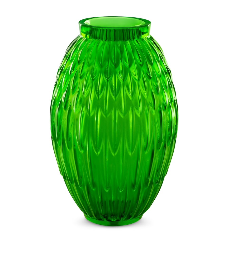 Lalique Crystal Plumes Vase (26.5cm) Vert Prairie