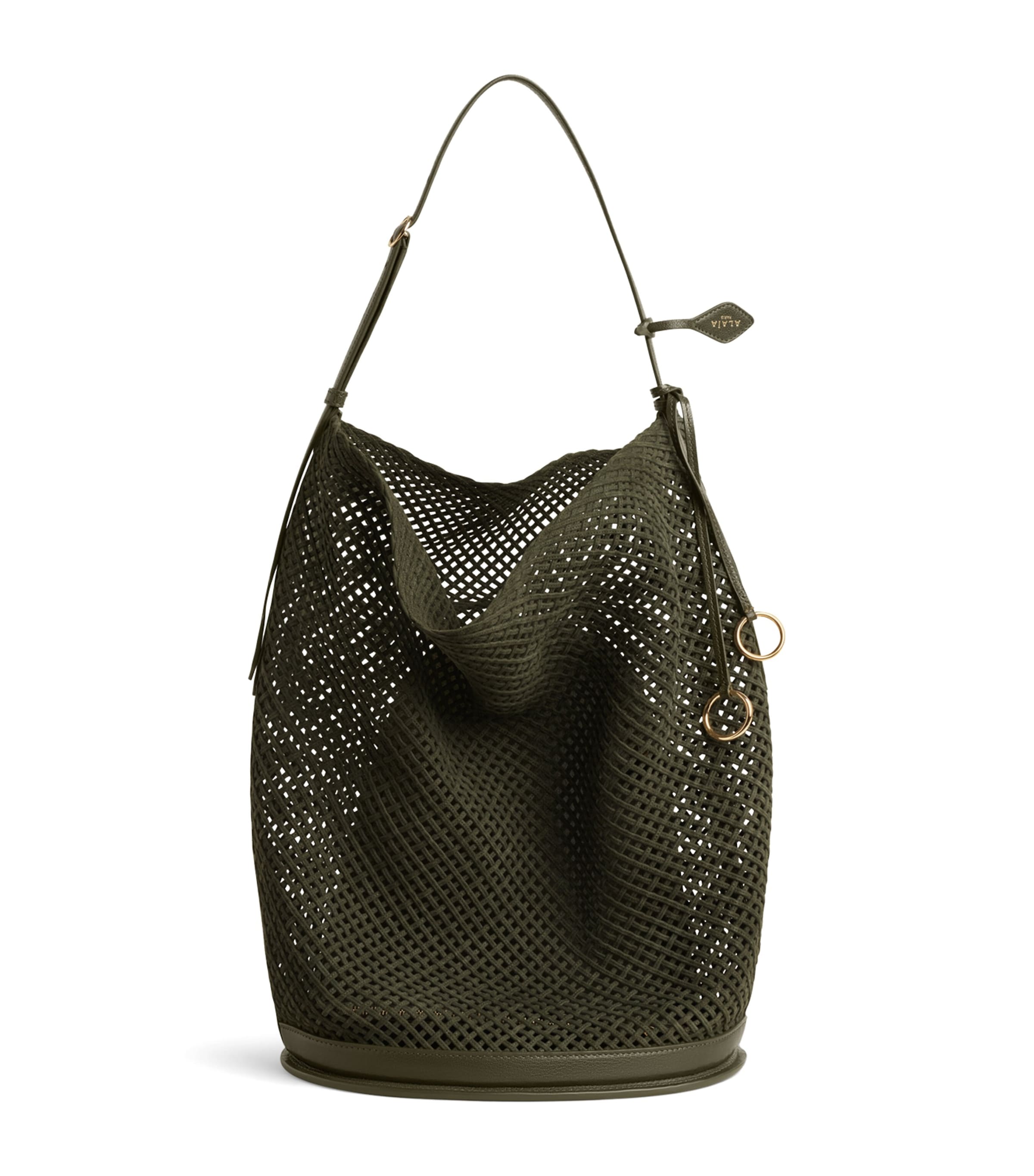 Alaïa Large Suede Net Hip Bucket Bag Kaki