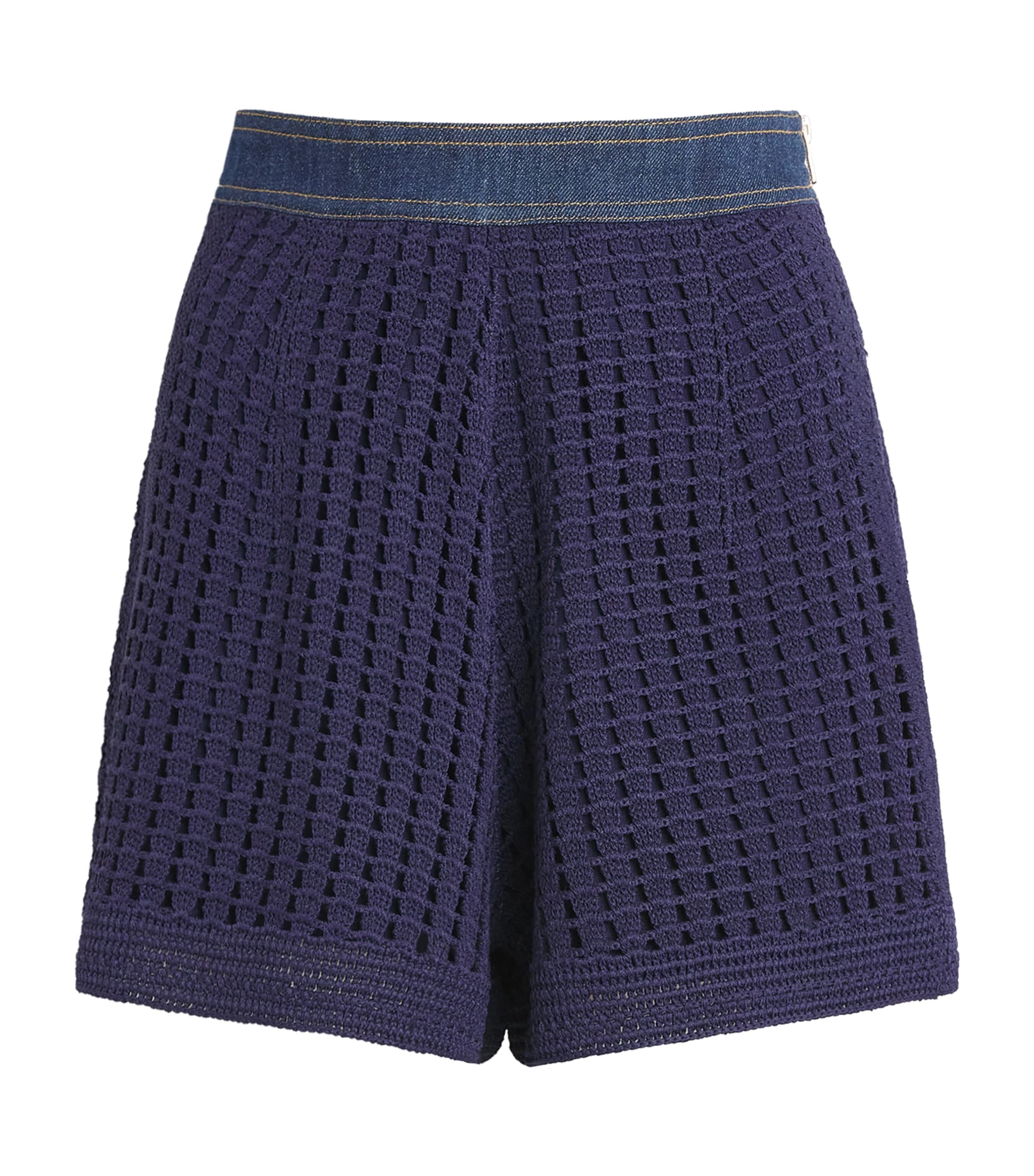 Sandro Paris Womens Crochet Denim-Trim Shorts Navy Blue
