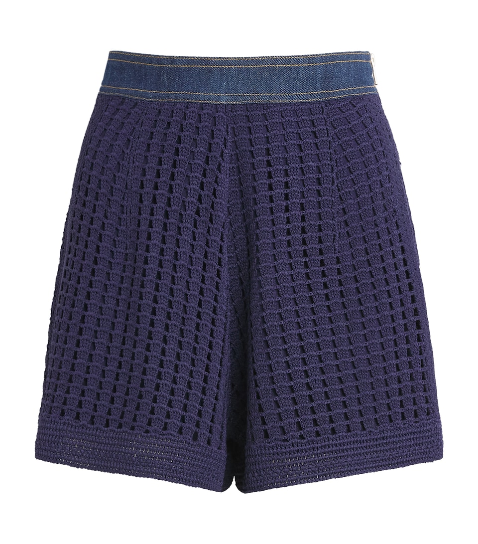 Sandro Paris Womens Crochet Denim-Trim Shorts Navy Blue
