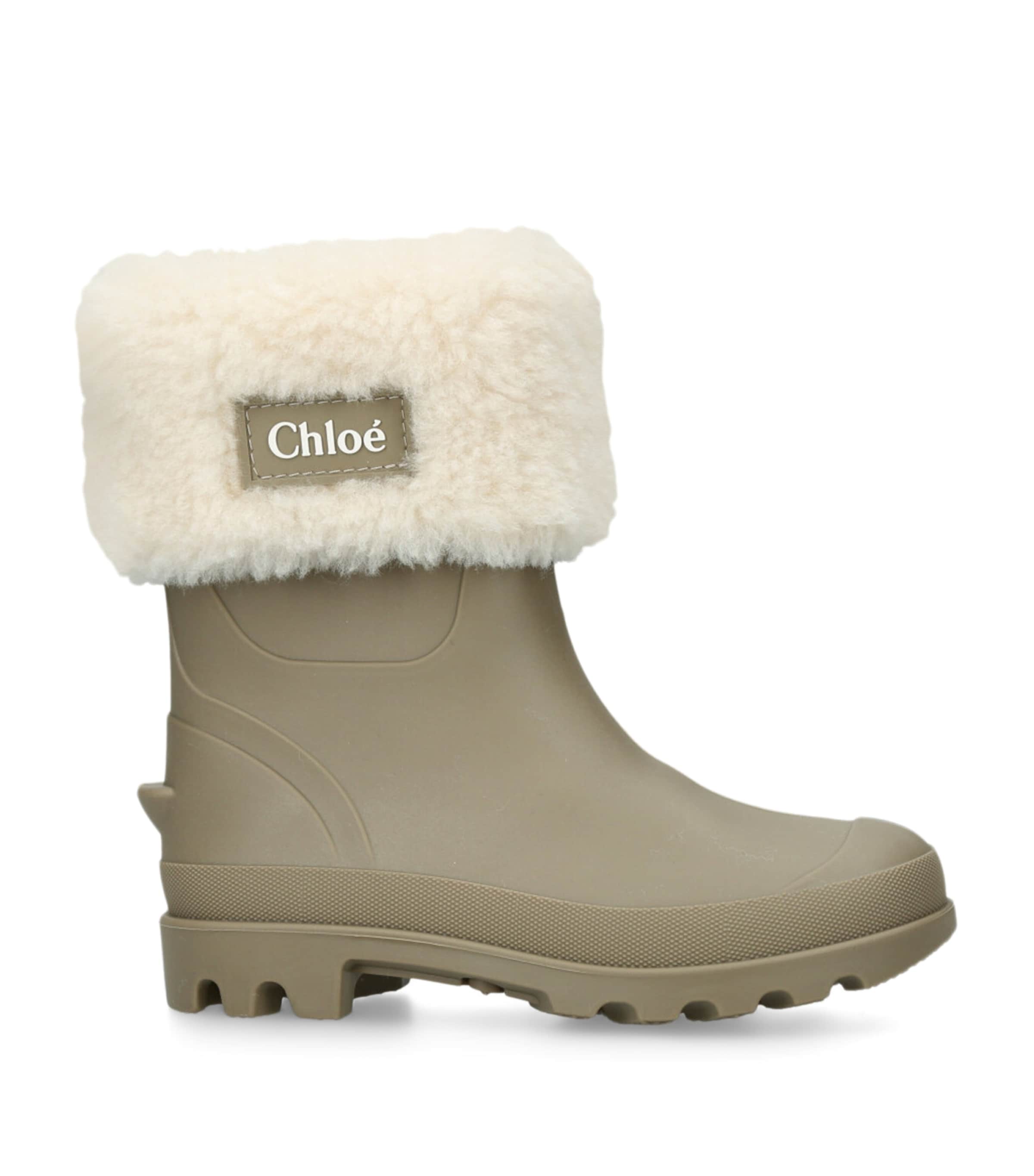 Chloé Kids Faux Shearling-Lined Rain Boots Taupe Comb