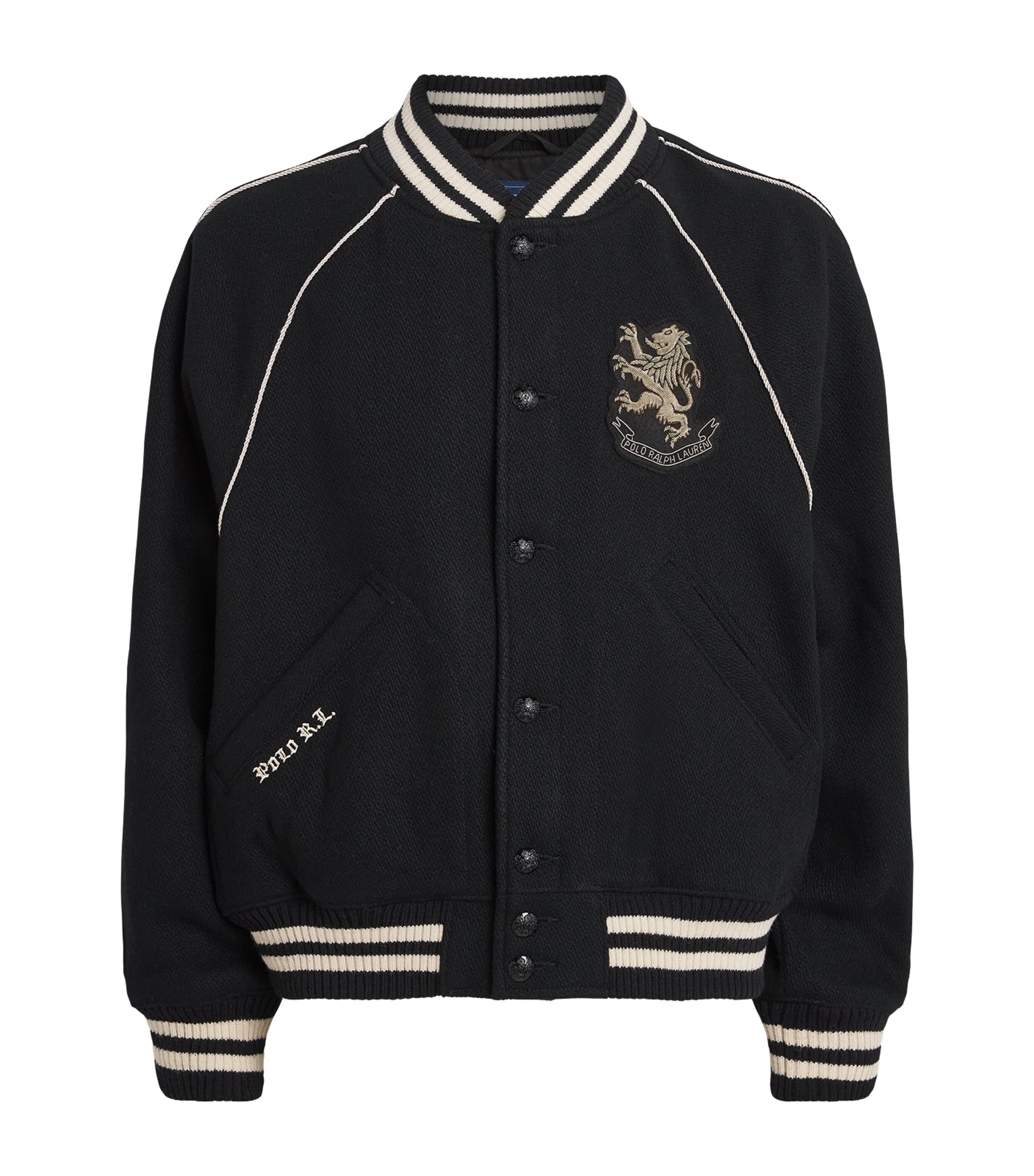 Polo Ralph Lauren Mens Wool-Blend Bullion-Patch Bomber Jacket Polo Black