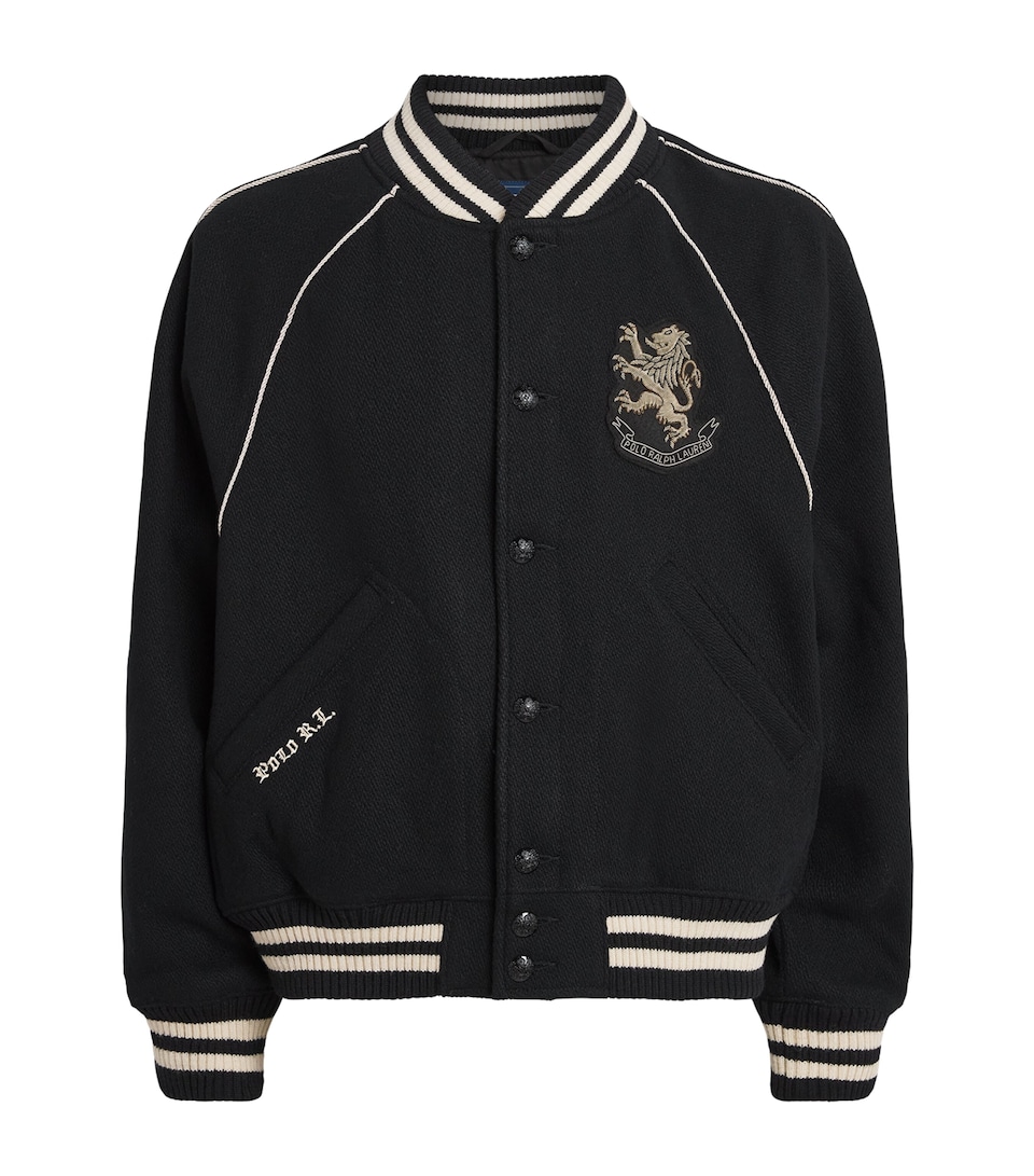 Polo Ralph Lauren Mens Wool-Blend Bullion-Patch Bomber Jacket Polo Black